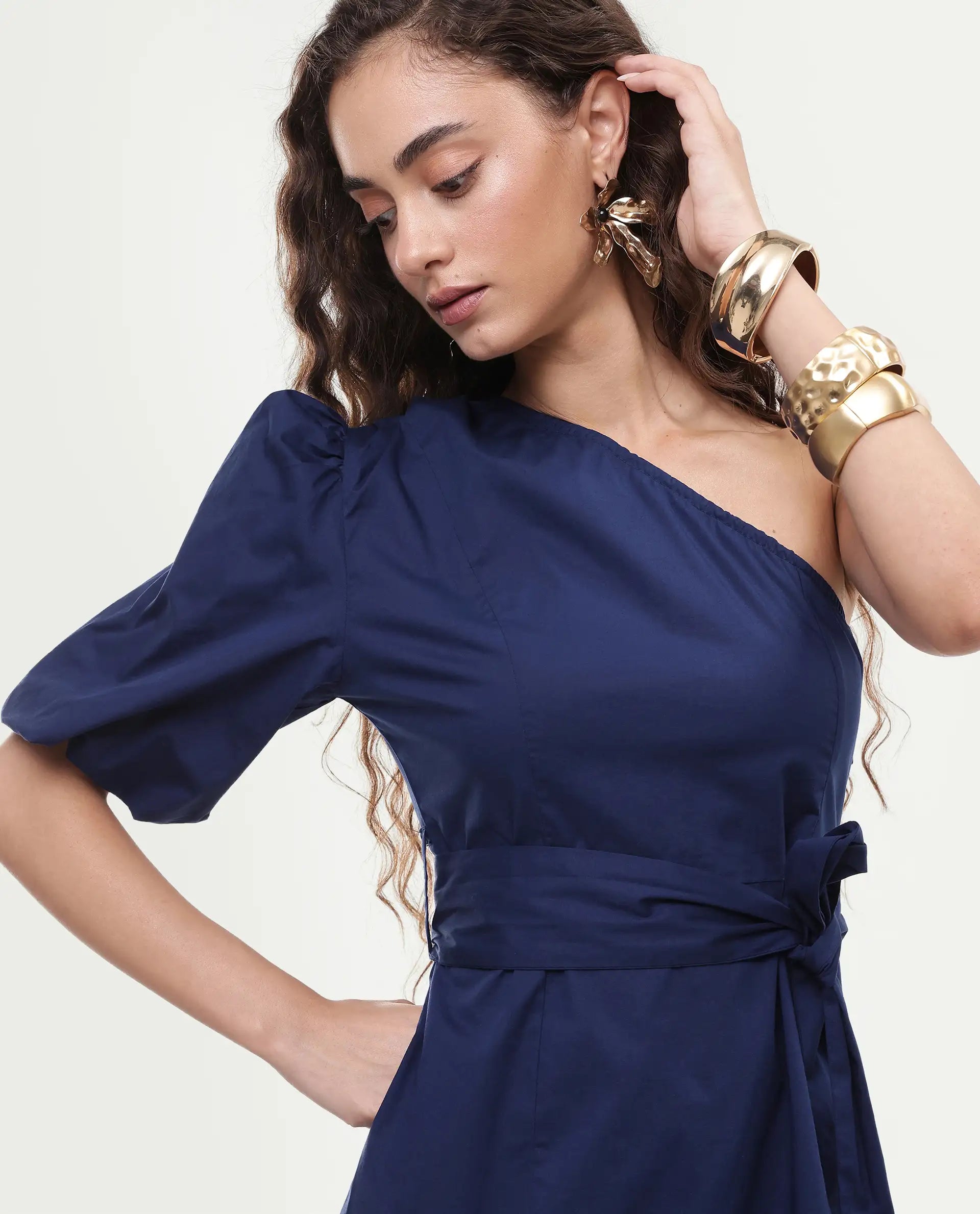 Rareism Women's Rotler Navy Cotton Blend One Shoulder Plain Puff Sleeves Mini Regular Fit Dress
