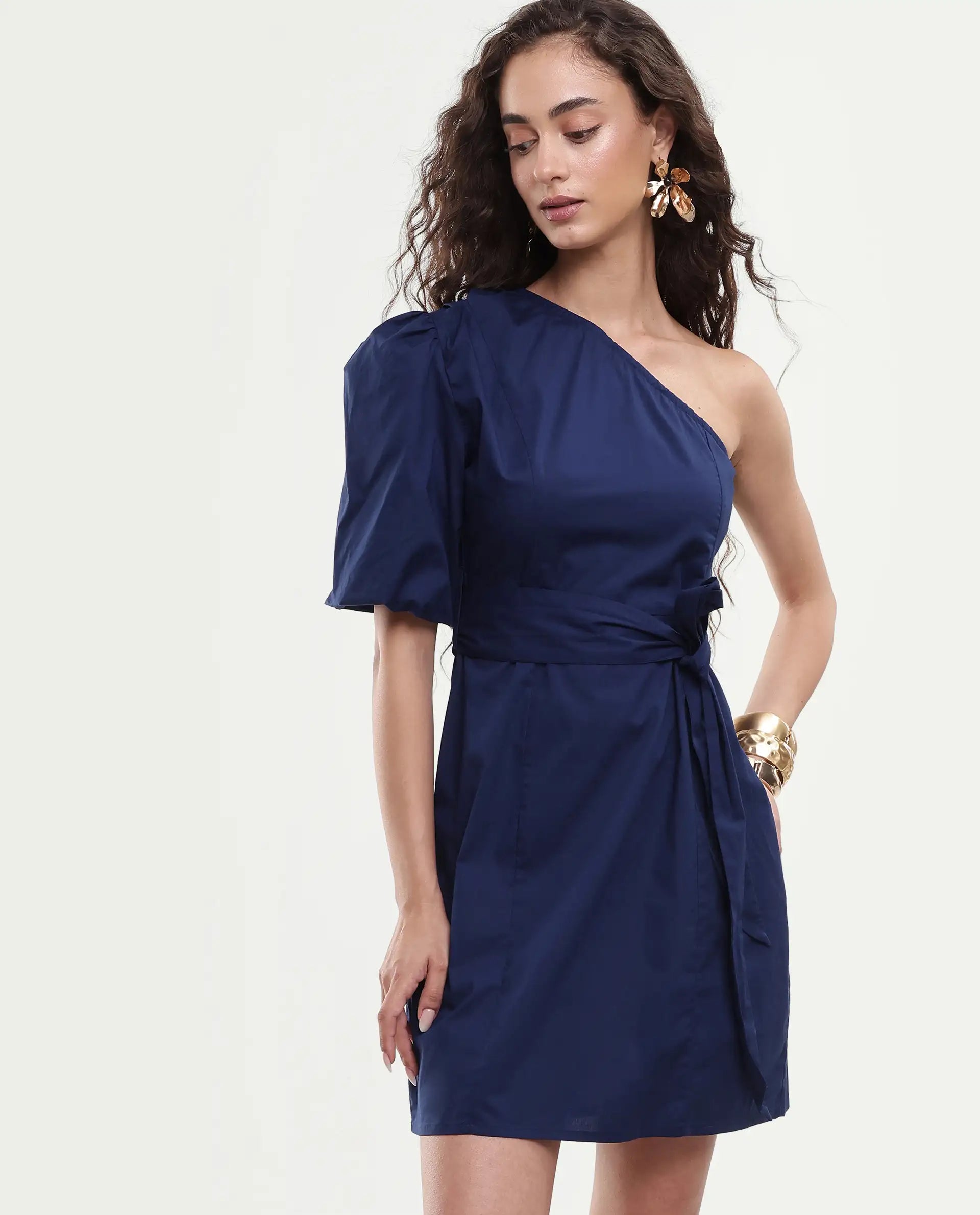 Rareism Women's Rotler Navy Cotton Blend One Shoulder Plain Puff Sleeves Mini Regular Fit Dress