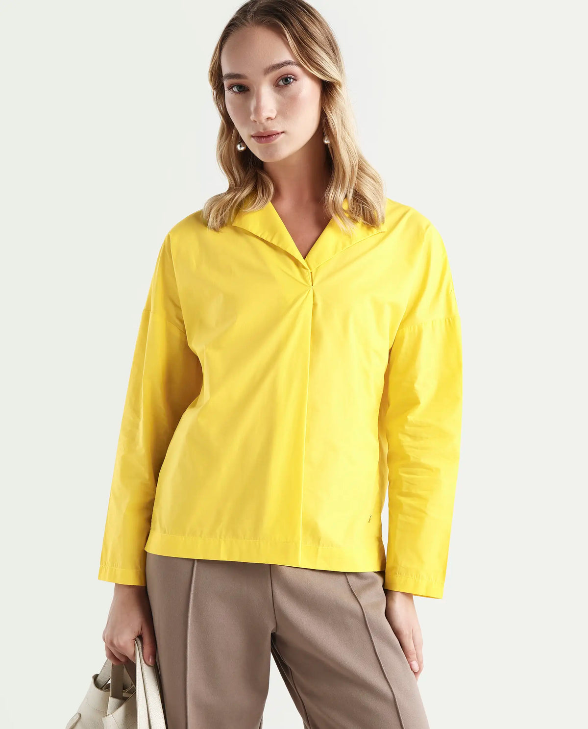 Rareism Women's Berge Yellow Polyester Lapel Neck Plain Regular Fit Top