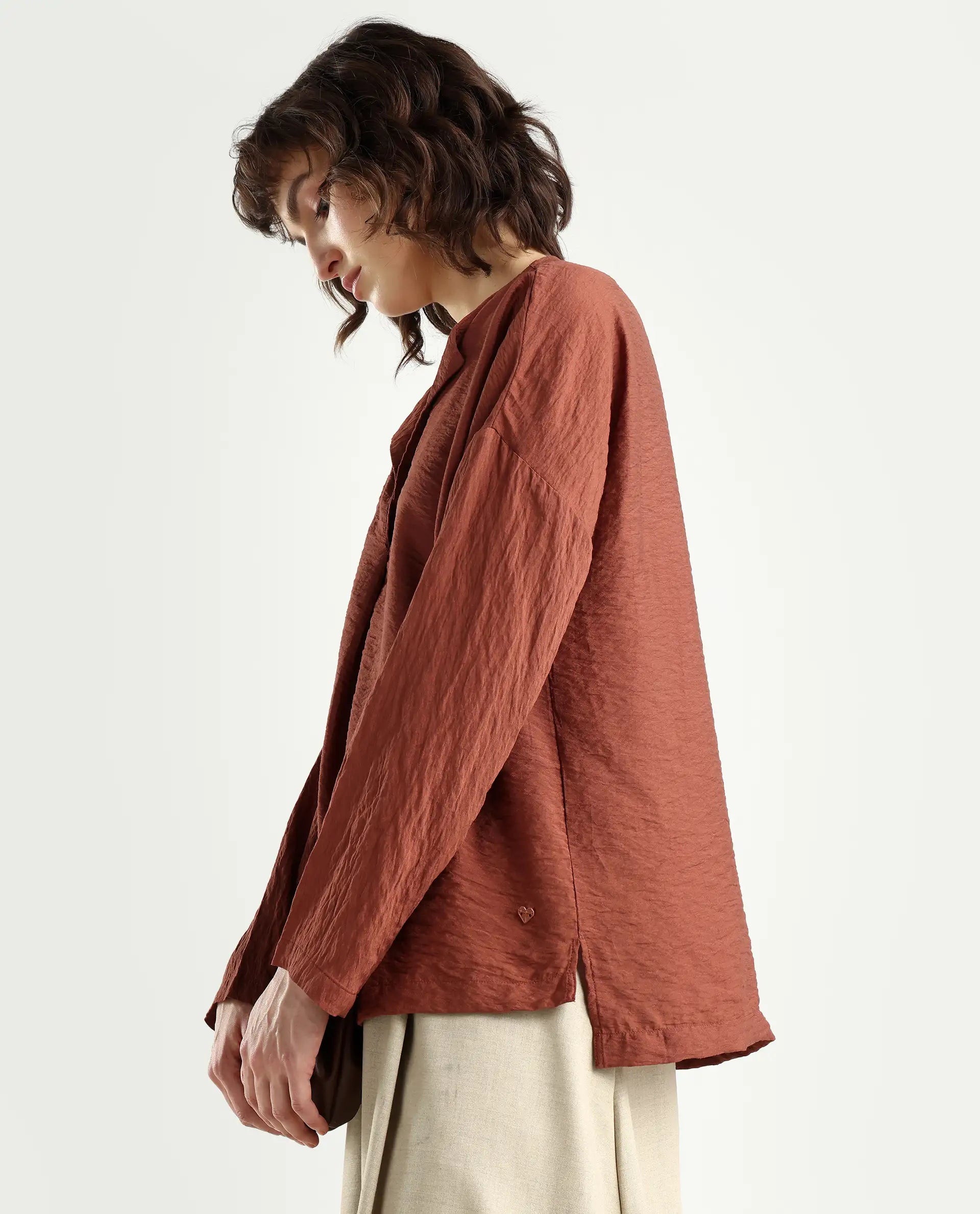 Rareism Women's Drap Brown Viscose Blend Lapel Neck Relaxed Fit Plain Top