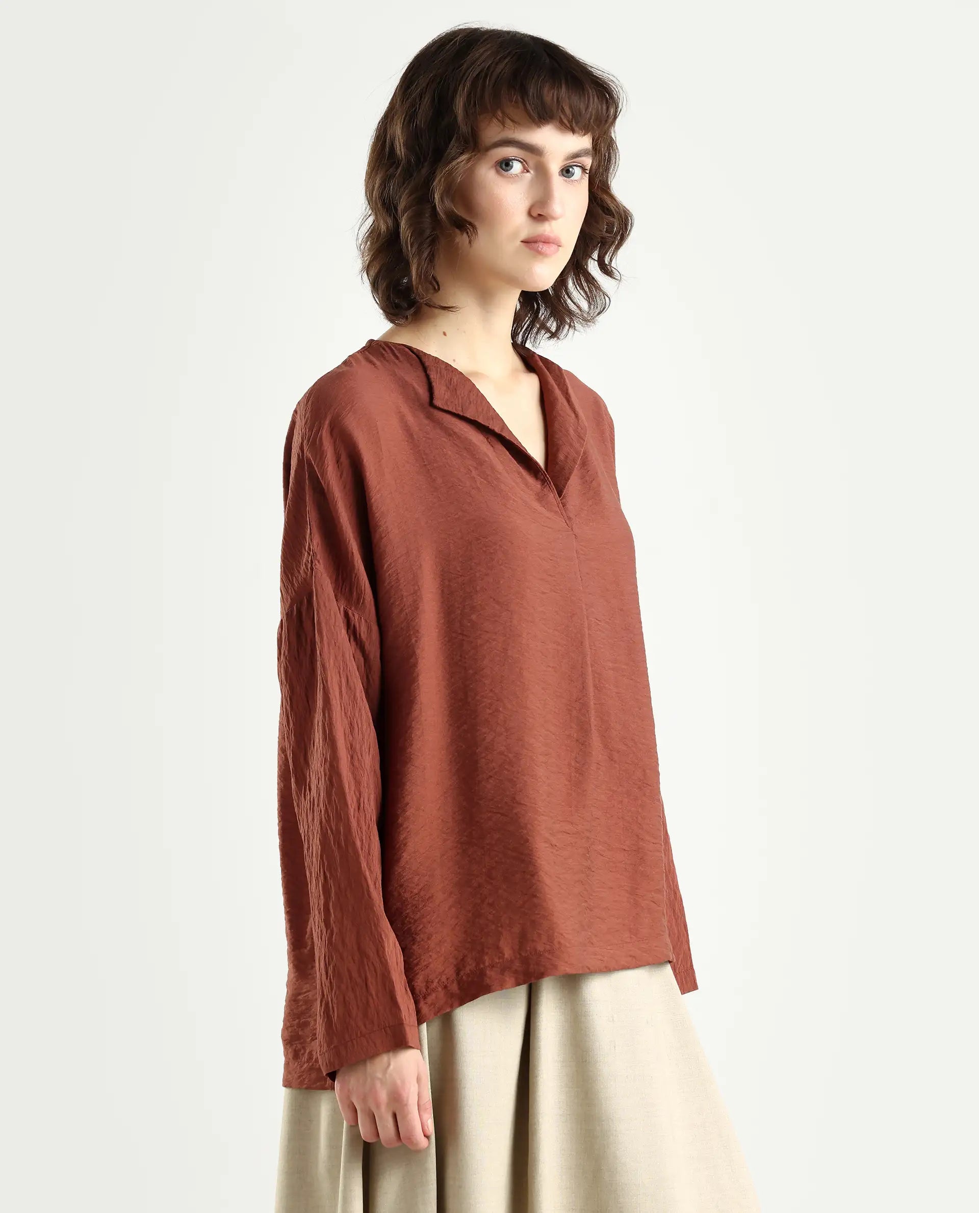 Rareism Women's Drap Brown Viscose Blend Lapel Neck Relaxed Fit Plain Top