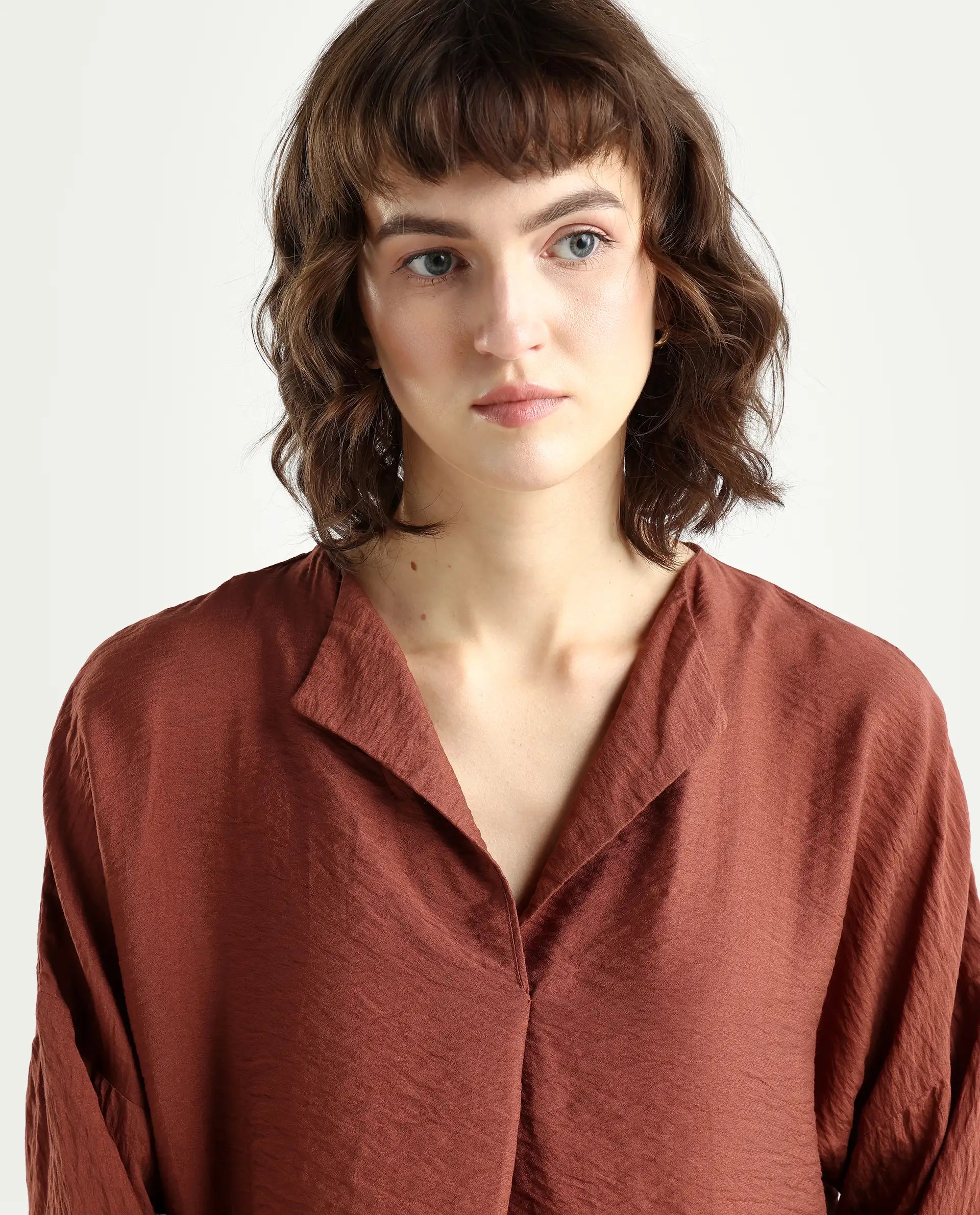 Rareism Women's Drap Brown Viscose Blend Lapel Neck Relaxed Fit Plain Top