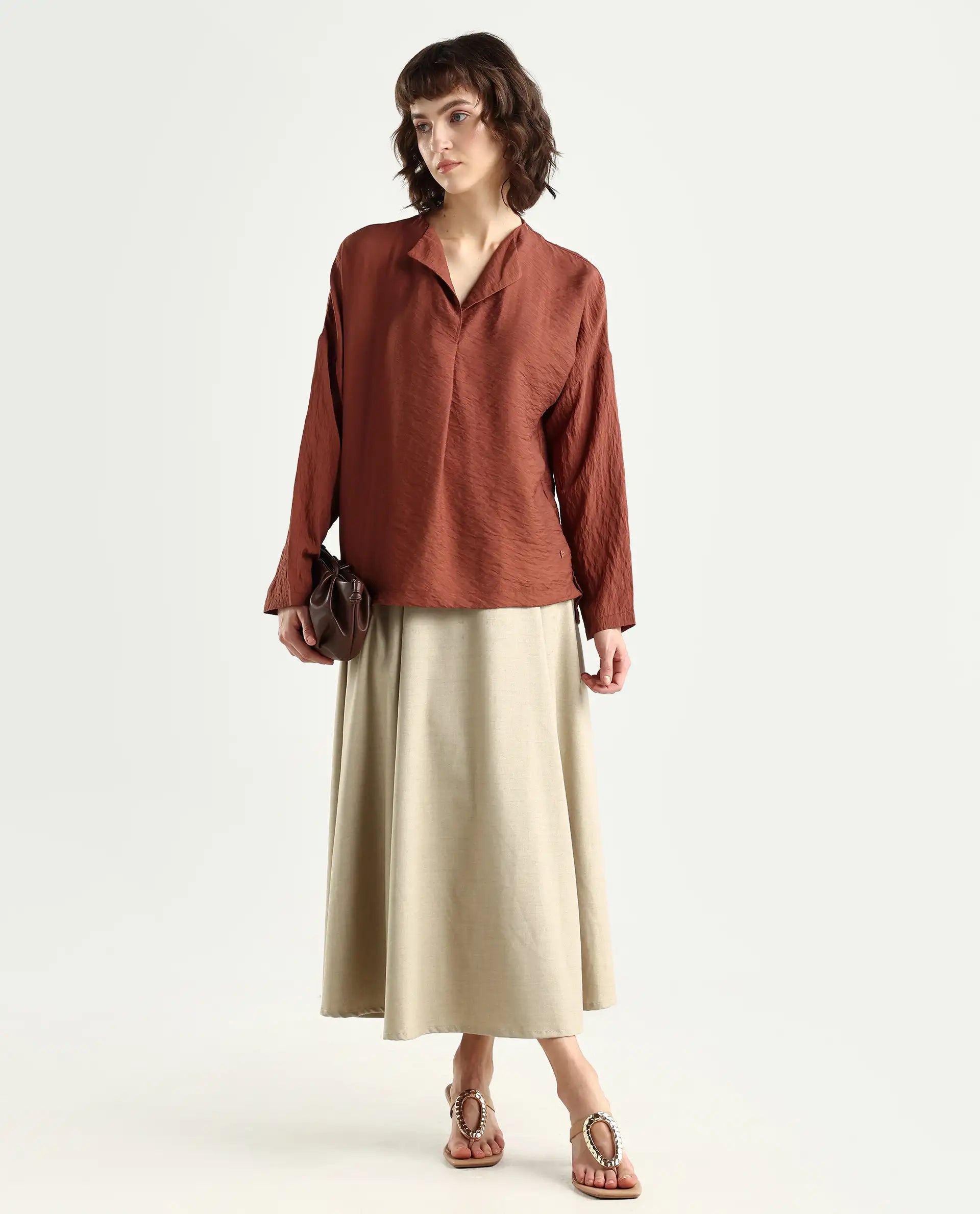 Rareism Women's Drap Brown Viscose Blend Lapel Neck Relaxed Fit Plain Top
