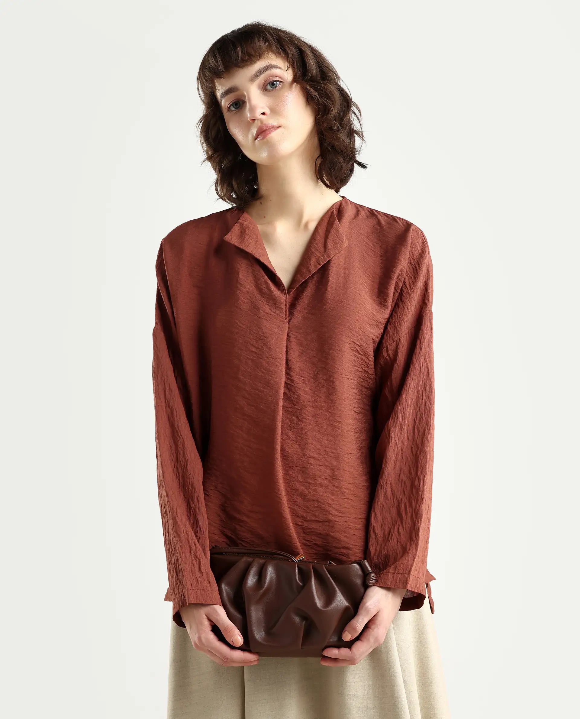 Rareism Women's Drap Brown Viscose Blend Lapel Neck Relaxed Fit Plain Top