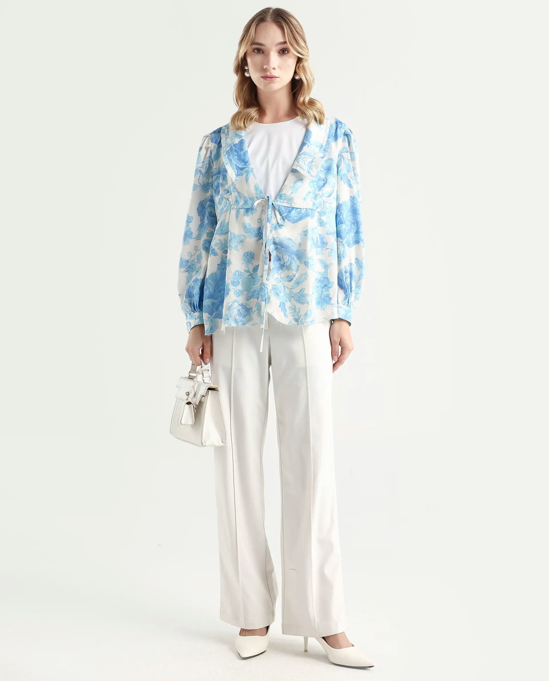 Rareism Women's Enstar Light Blue Polyester V-Neck Floral Print Balloon Sleeve Relaxed Fit Top