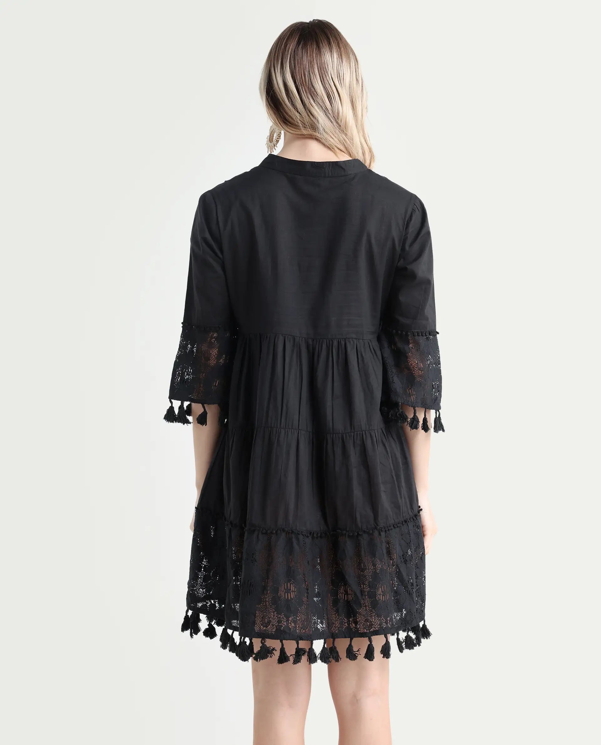 Rareism Women's Andarin Black Cotton Tie-Up Neck Plain Bell Sleeve Knee Length Regular Fit Dress