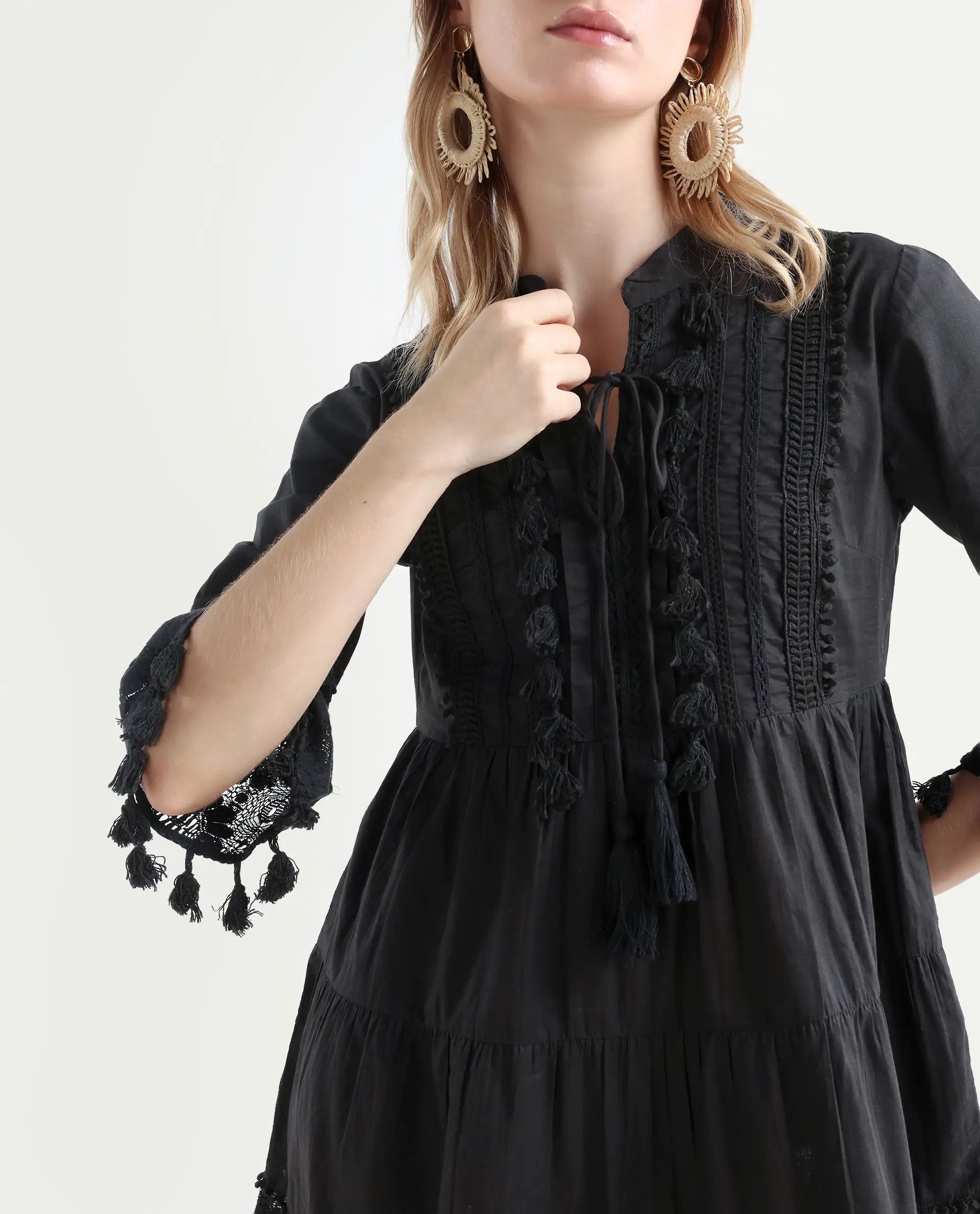 Rareism Women's Andarin Black Cotton Tie-Up Neck Plain Bell Sleeve Knee Length Regular Fit Dress