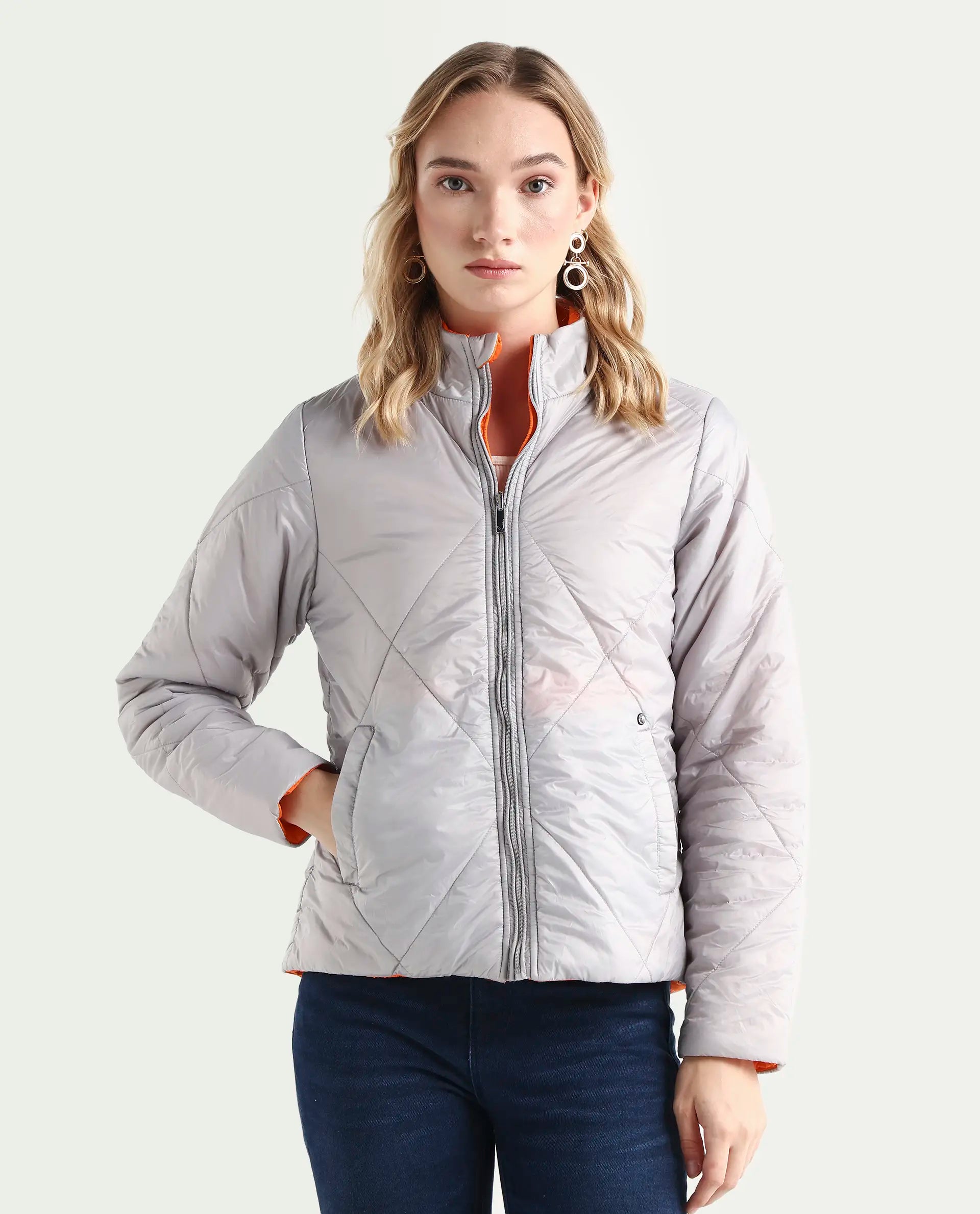 Rareism Women's Cora 1 Grey Nylon High Neck Plain Regular Fit Jacket