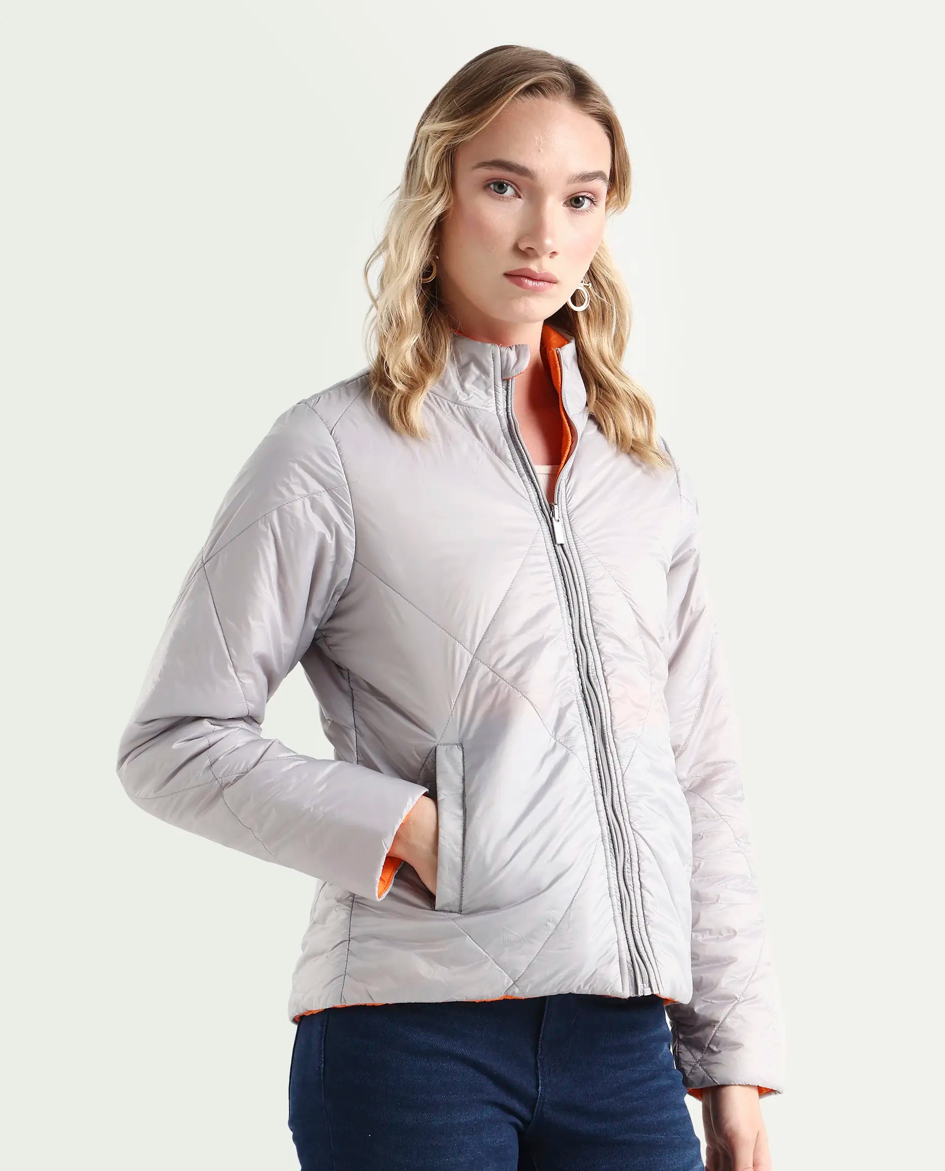 Rareism Women's Cora 1 Grey Nylon High Neck Plain Regular Fit Jacket