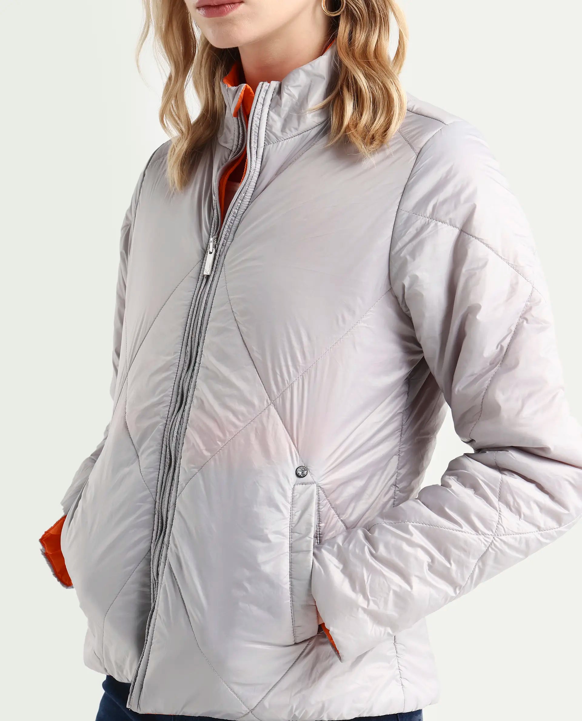 Rareism Women's Cora 1 Grey Nylon High Neck Plain Regular Fit Jacket