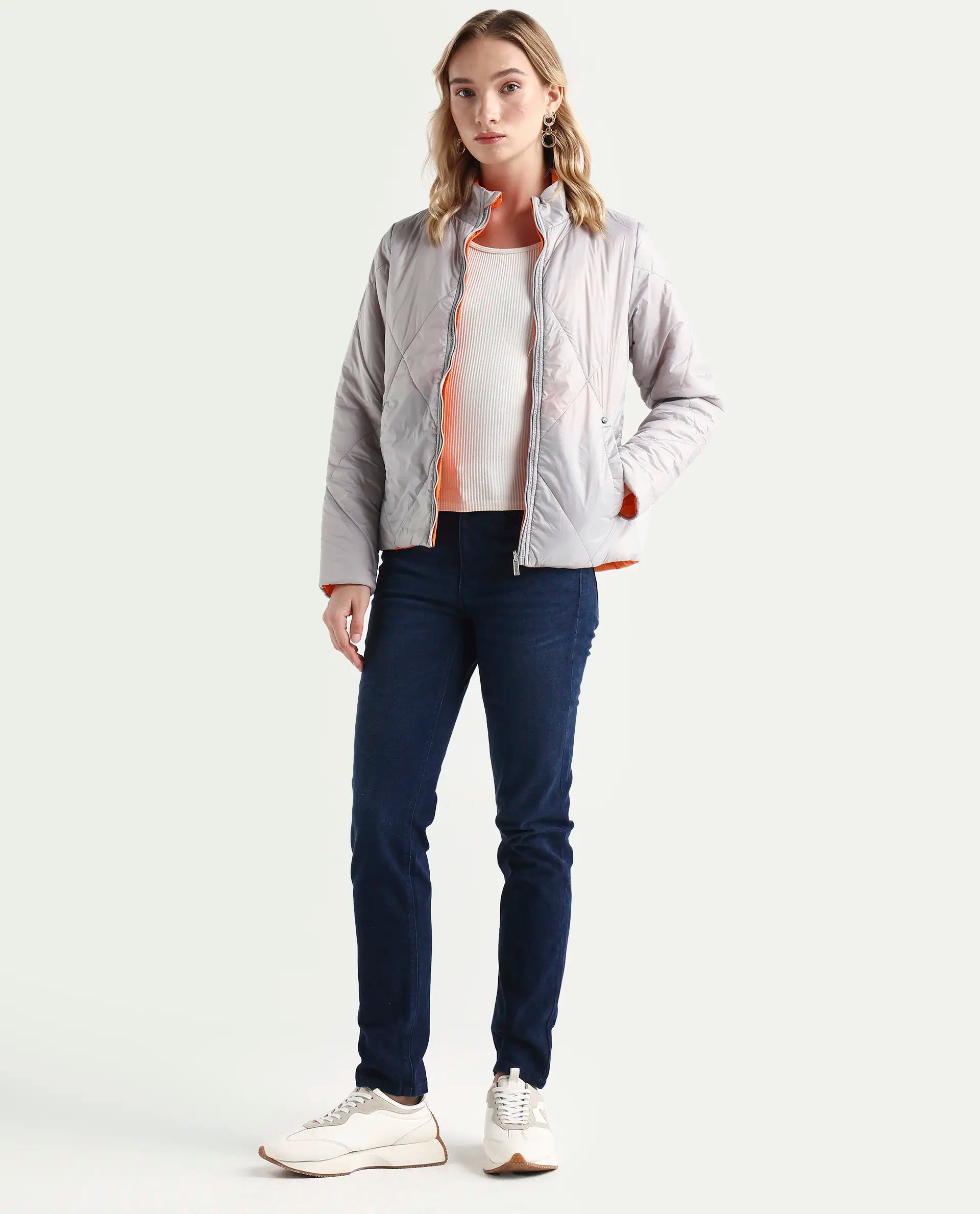 Rareism Women's Cora 1 Grey Nylon High Neck Plain Regular Fit Jacket