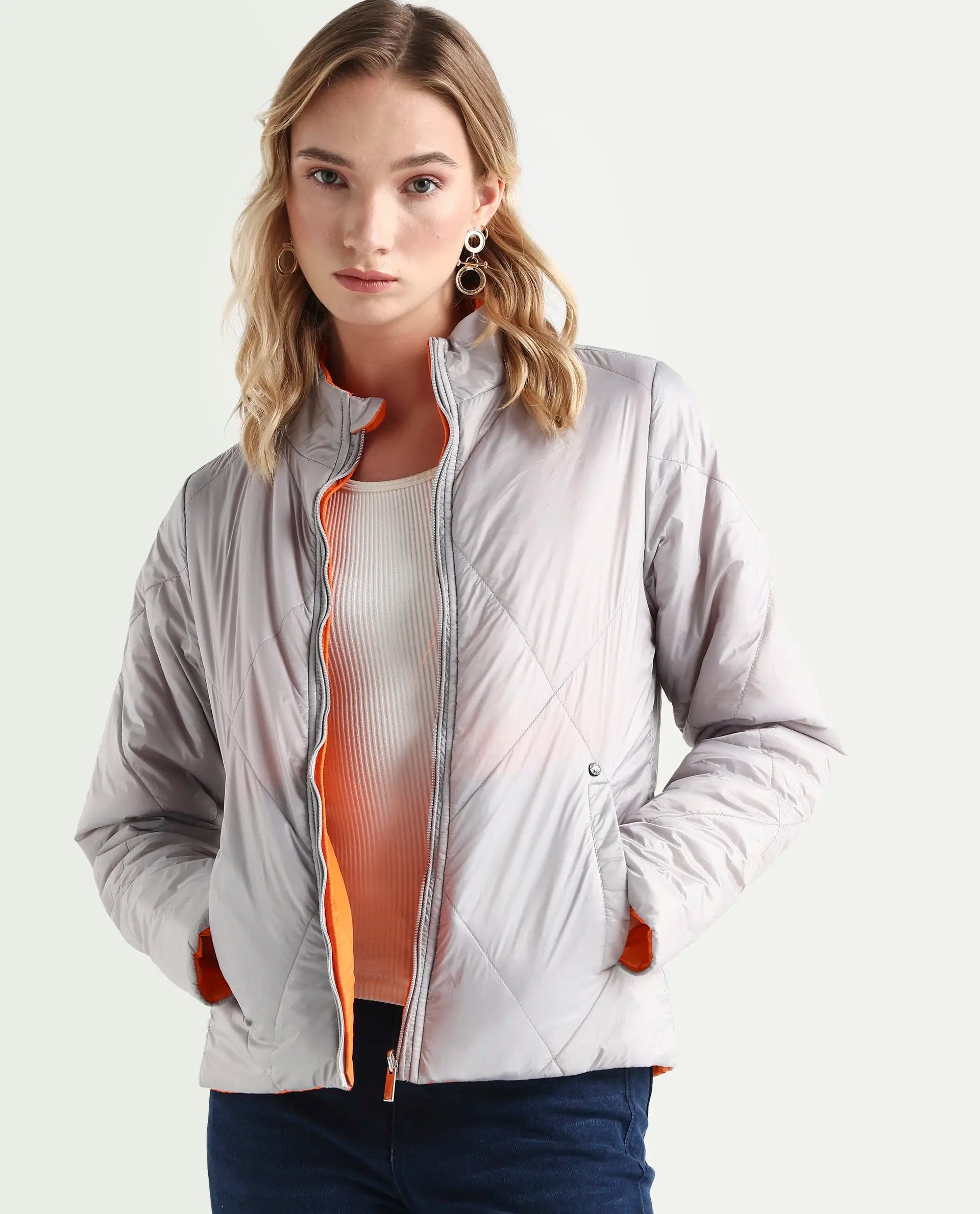 Rareism Women's Cora 1 Grey Nylon High Neck Plain Regular Fit Jacket