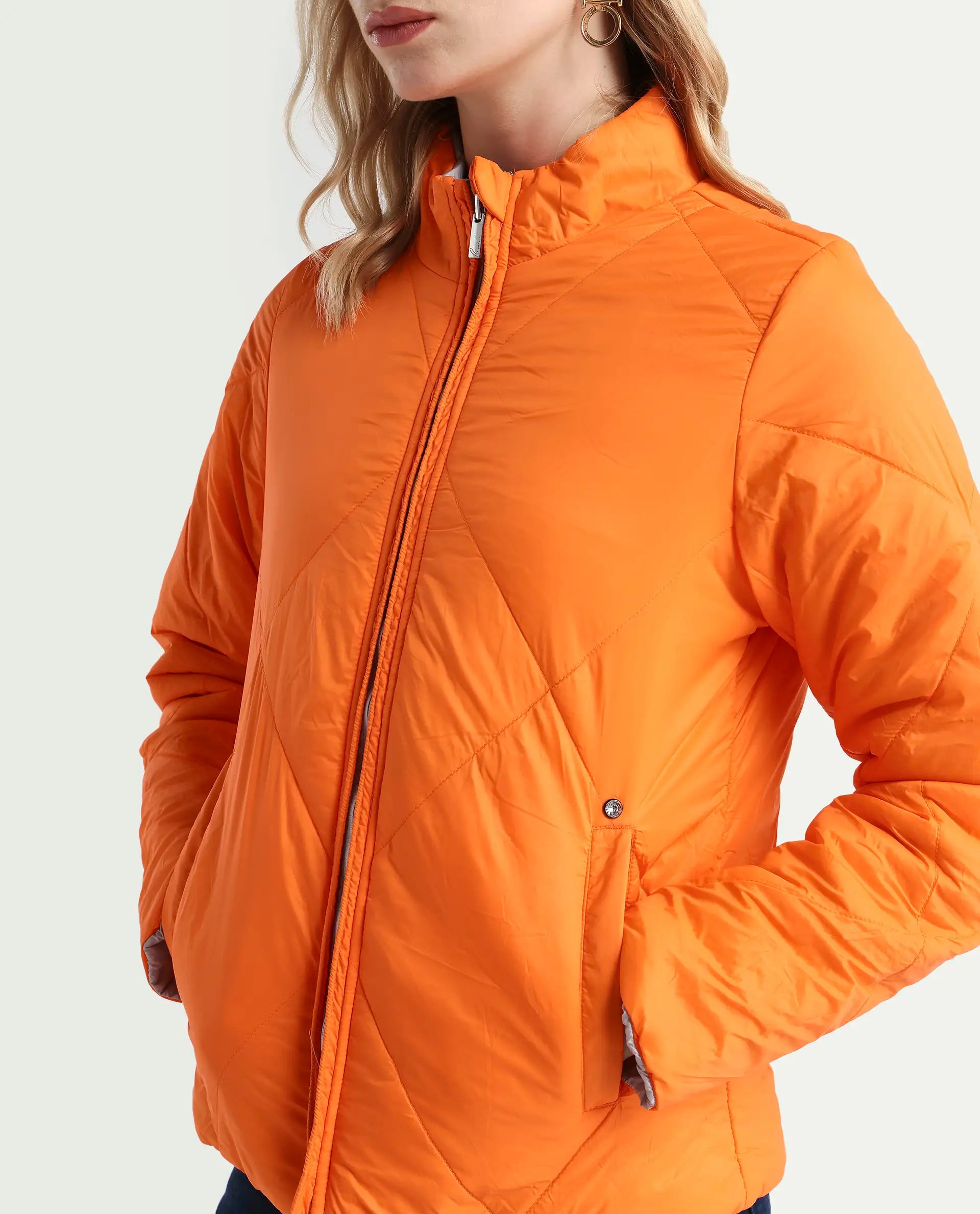 Rareism Women's Cora 1 Grey Nylon High Neck Plain Regular Fit Jacket