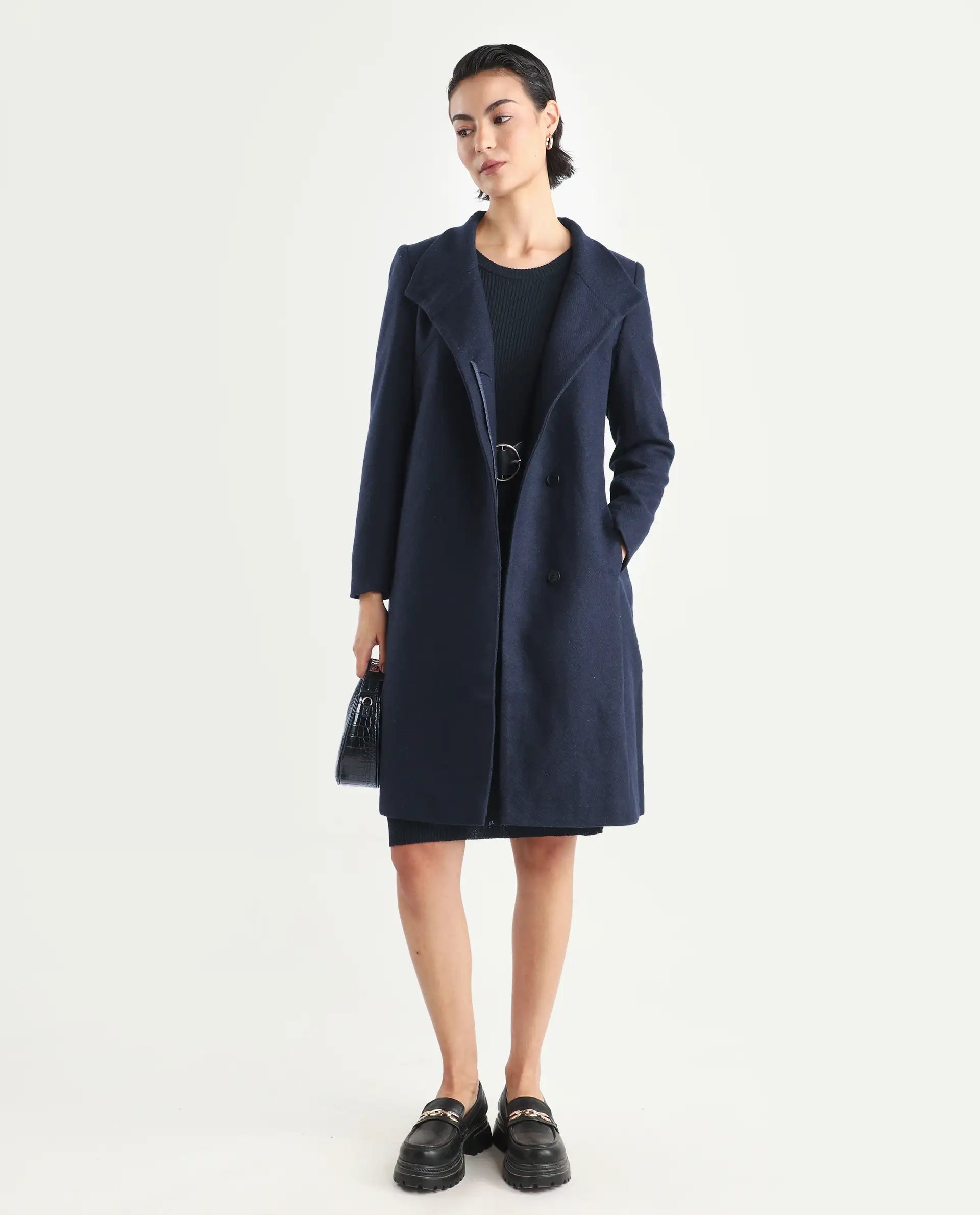 Rareism Women's Monch Navy Overlap Neck Plain Midi Boxy Fit Jacket