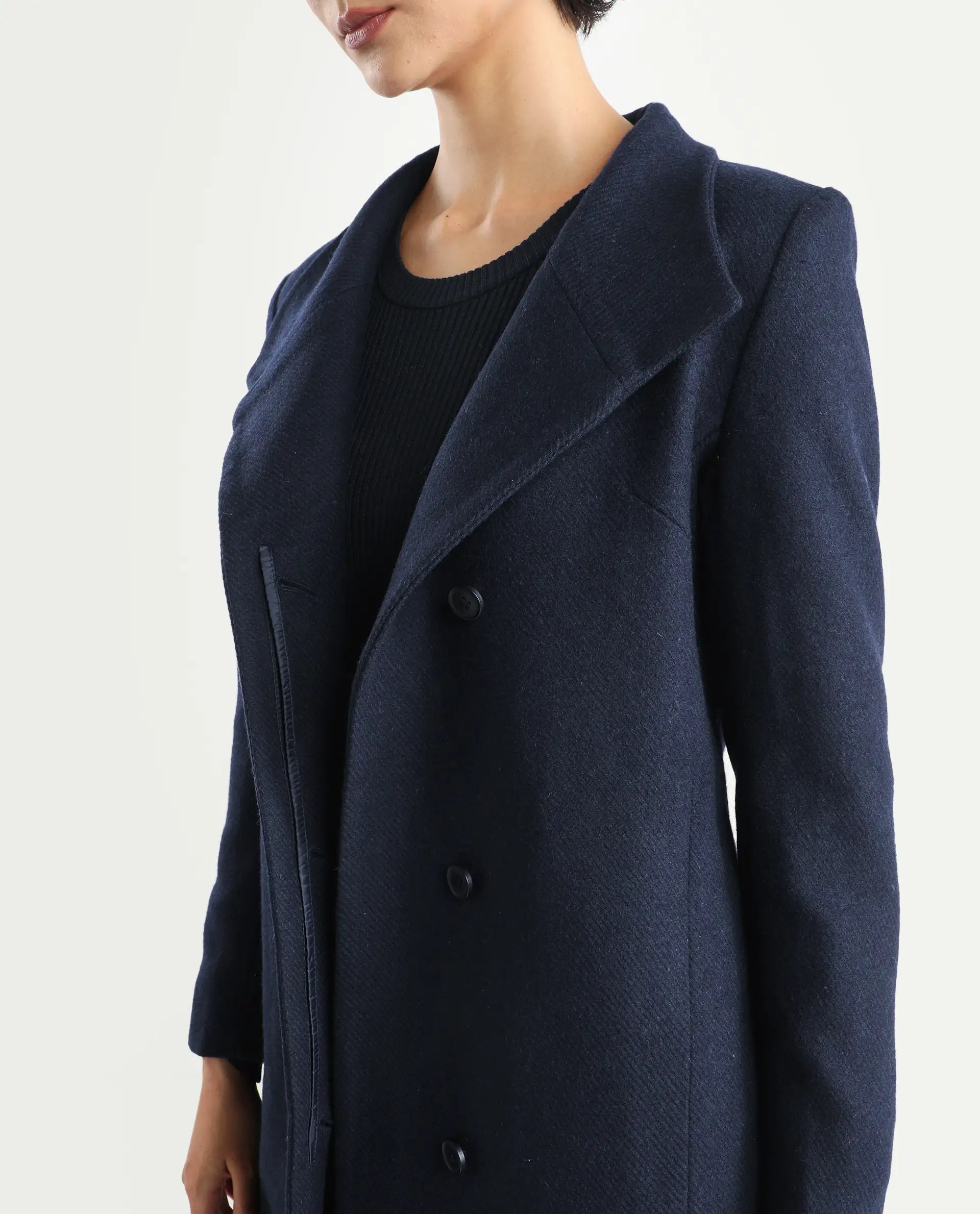 Rareism Women's Monch Navy Overlap Neck Plain Midi Boxy Fit Jacket