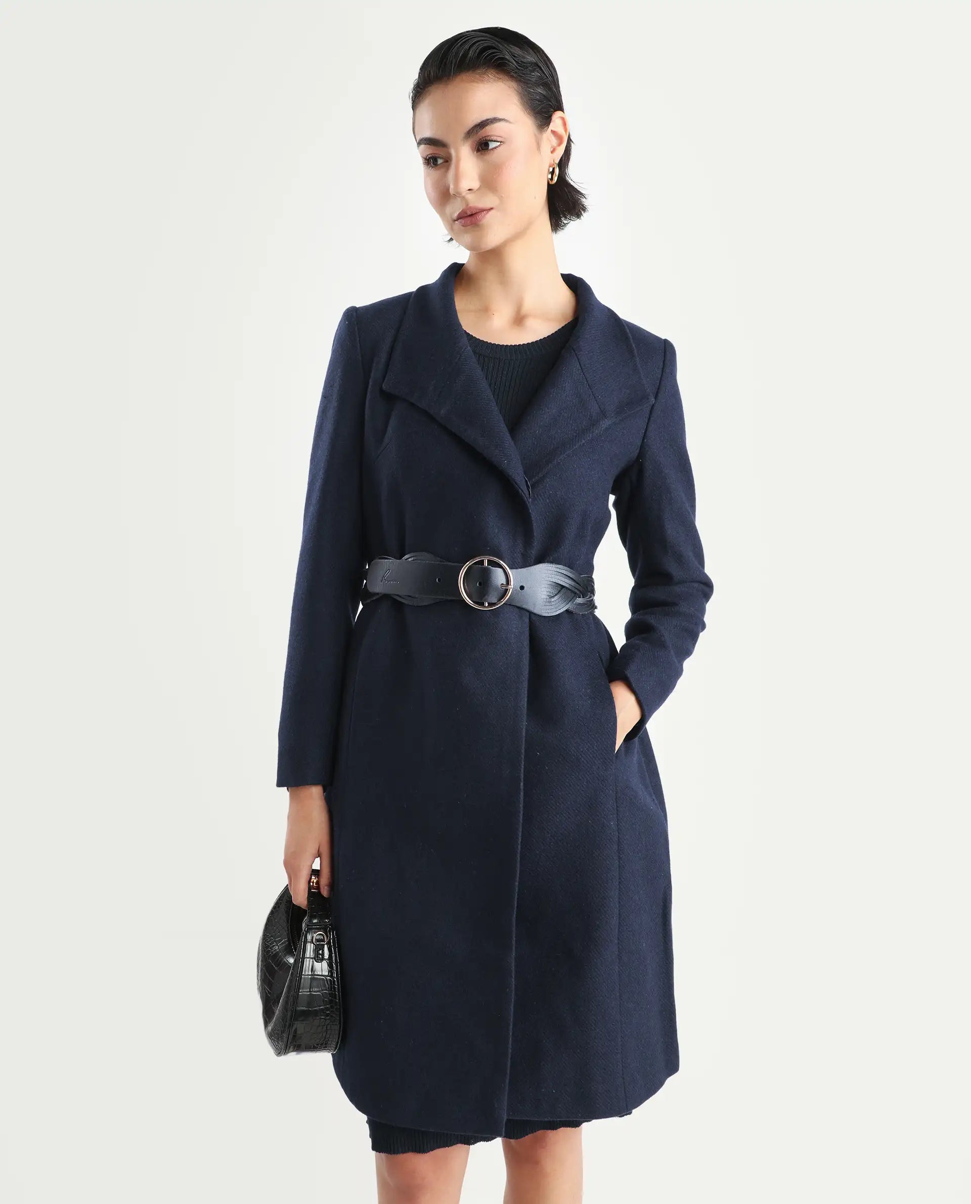 Rareism Women's Monch Navy Overlap Neck Plain Midi Boxy Fit Jacket