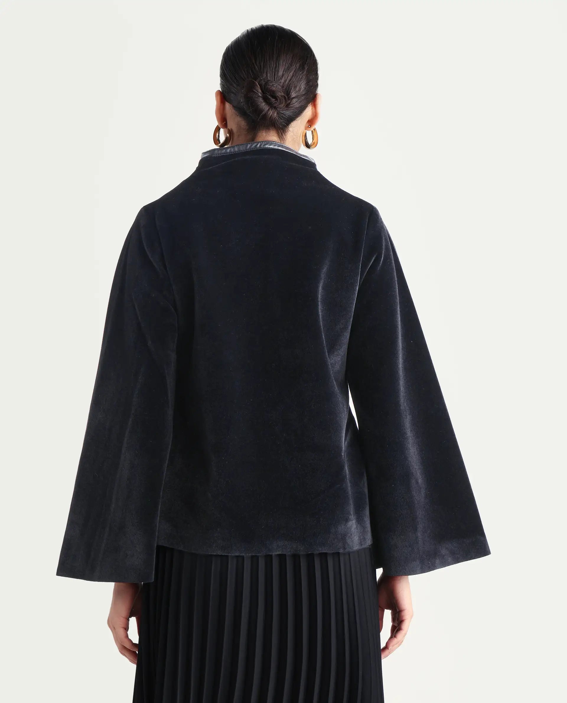 Rareism Women's Kraus Black Polyester High Neck Plain Bell Sleeve Regular Fit Jacket