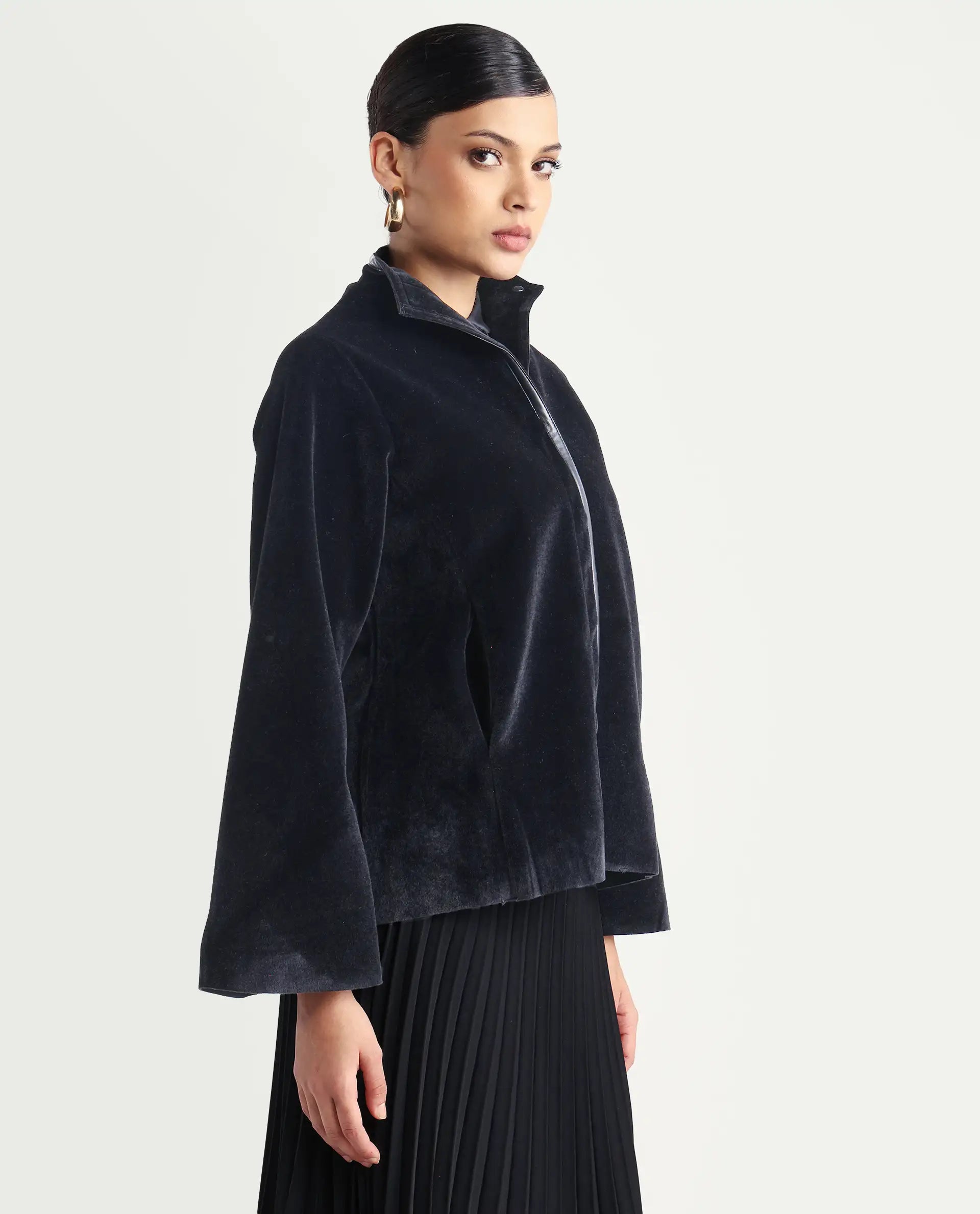 Rareism Women's Kraus Black Polyester High Neck Plain Bell Sleeve Regular Fit Jacket