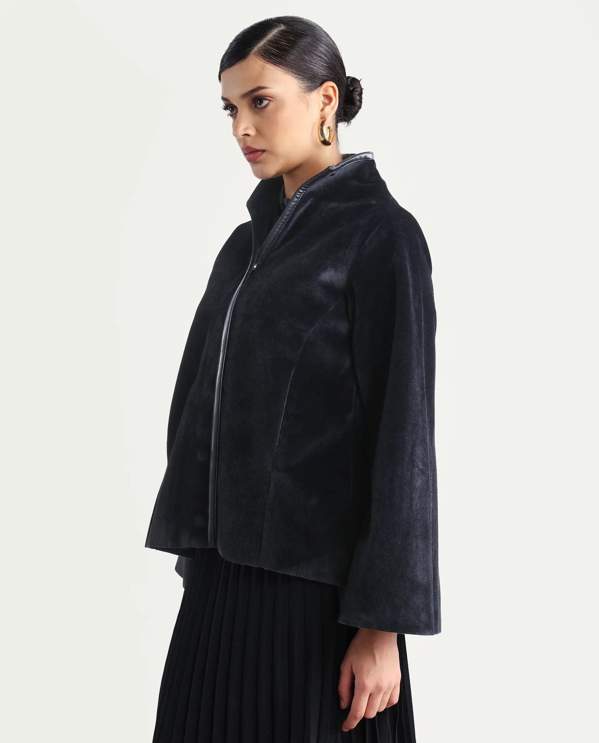 Rareism Women's Kraus Black Polyester High Neck Plain Bell Sleeve Regular Fit Jacket