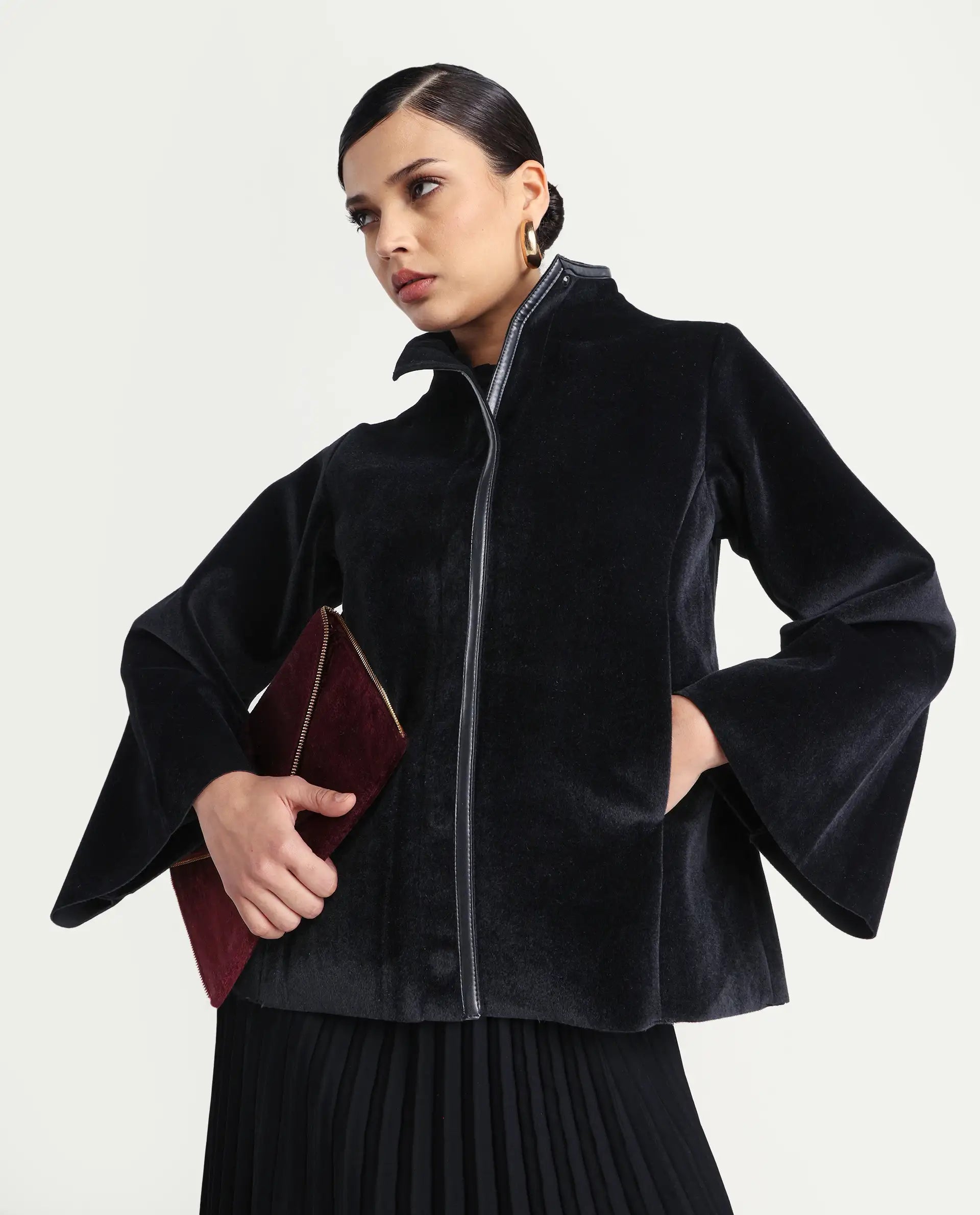 Rareism Women's Kraus Black Polyester High Neck Plain Bell Sleeve Regular Fit Jacket