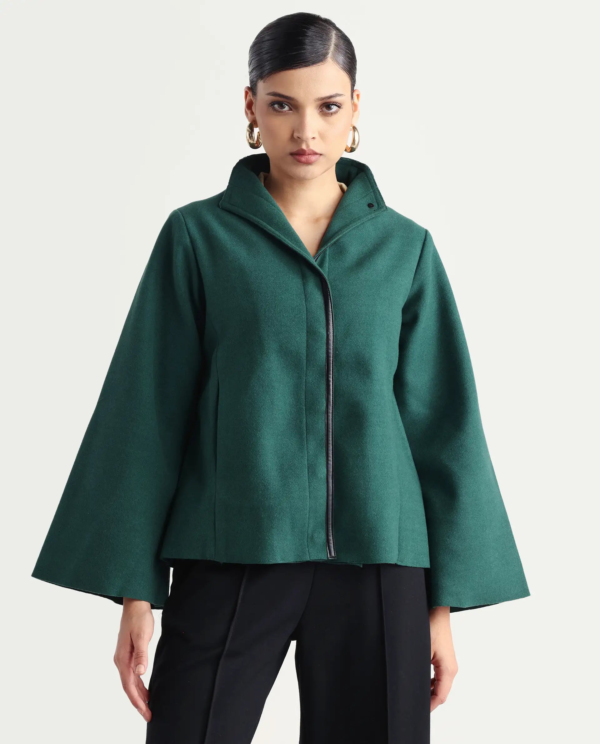 Rareism Women's Kraus Green Polyester High Neck Plain Bell Sleeve Regular Fit Jacket