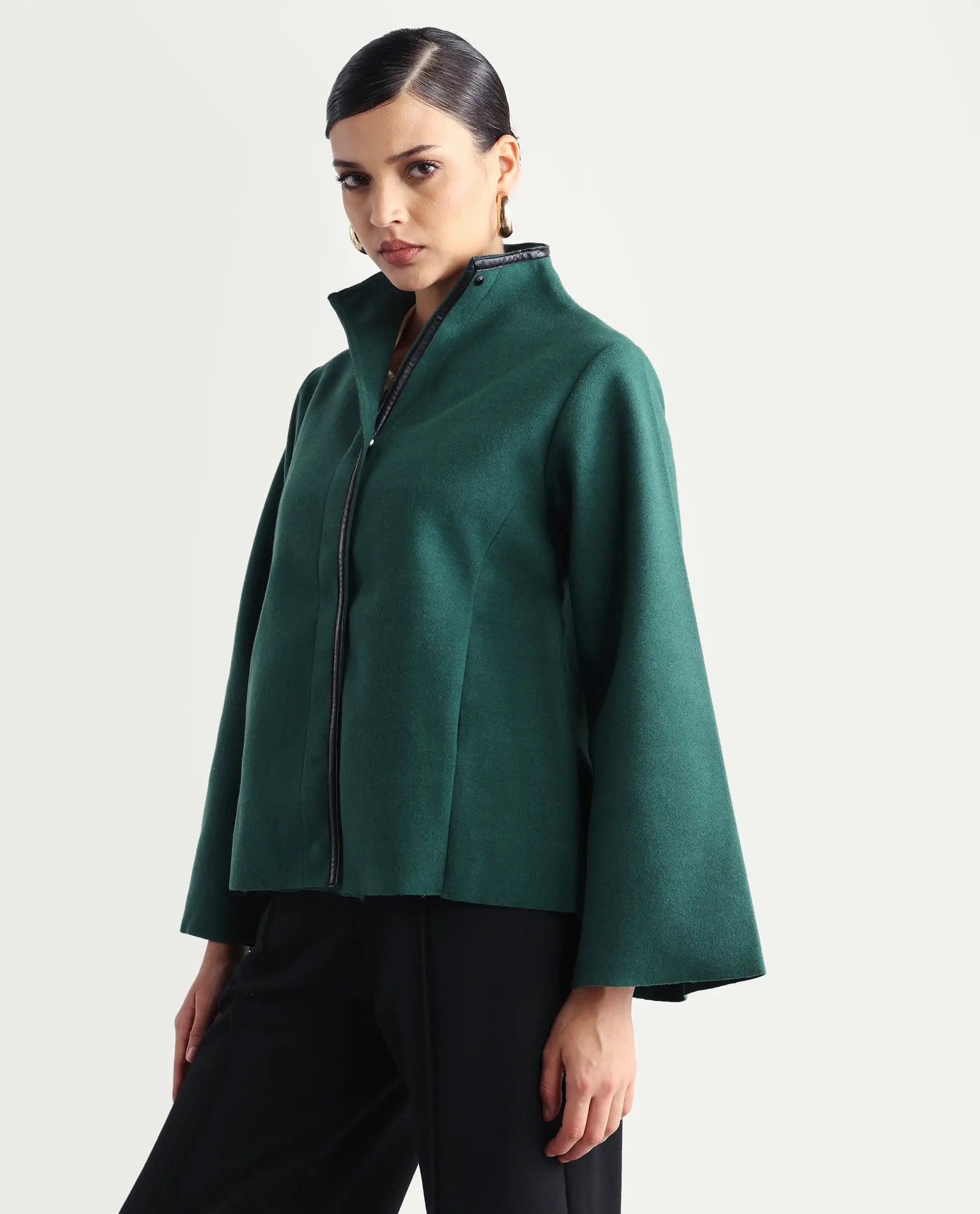 Rareism Women's Kraus Green Polyester High Neck Plain Bell Sleeve Regular Fit Jacket