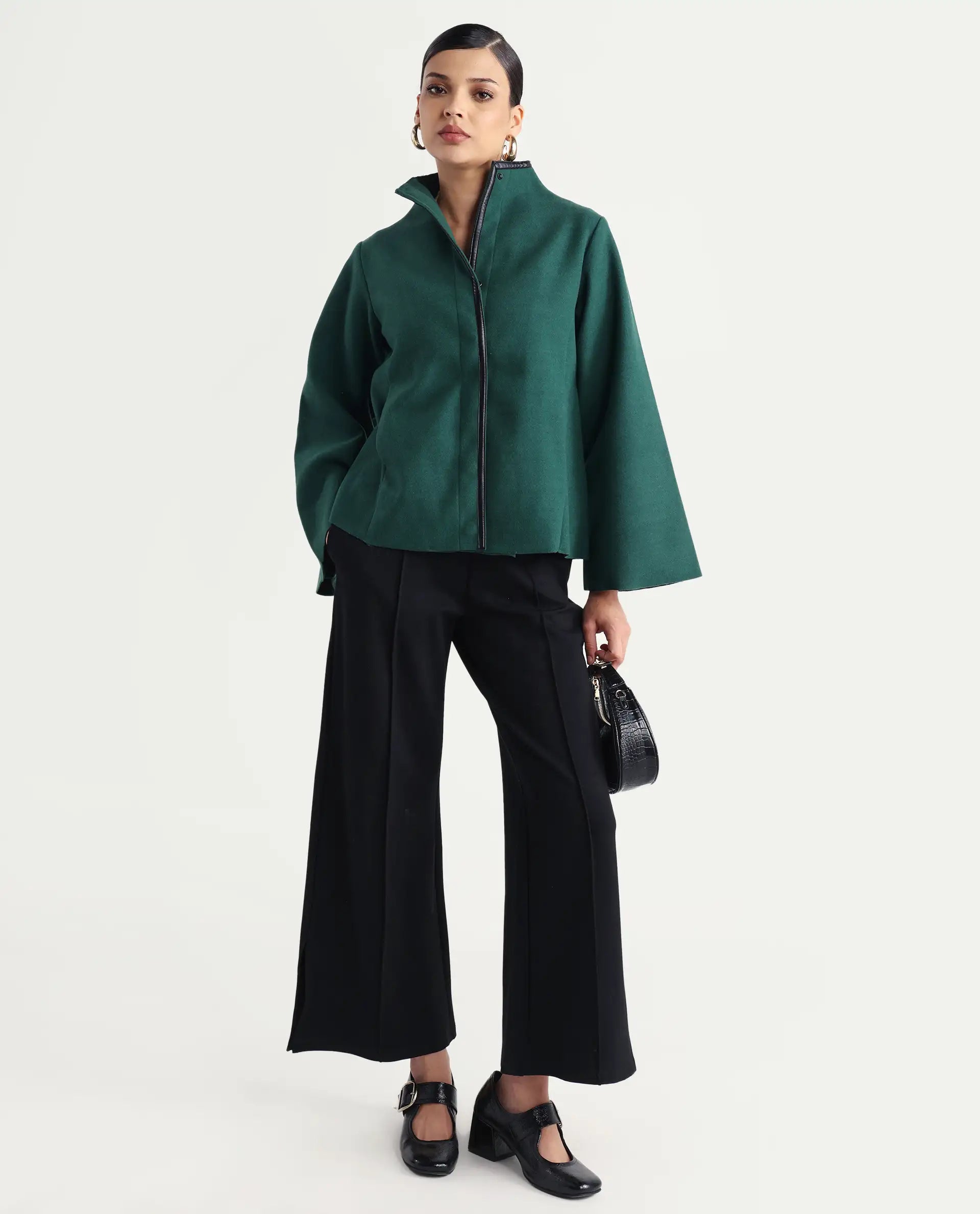 Rareism Women's Kraus Green Polyester High Neck Plain Bell Sleeve Regular Fit Jacket