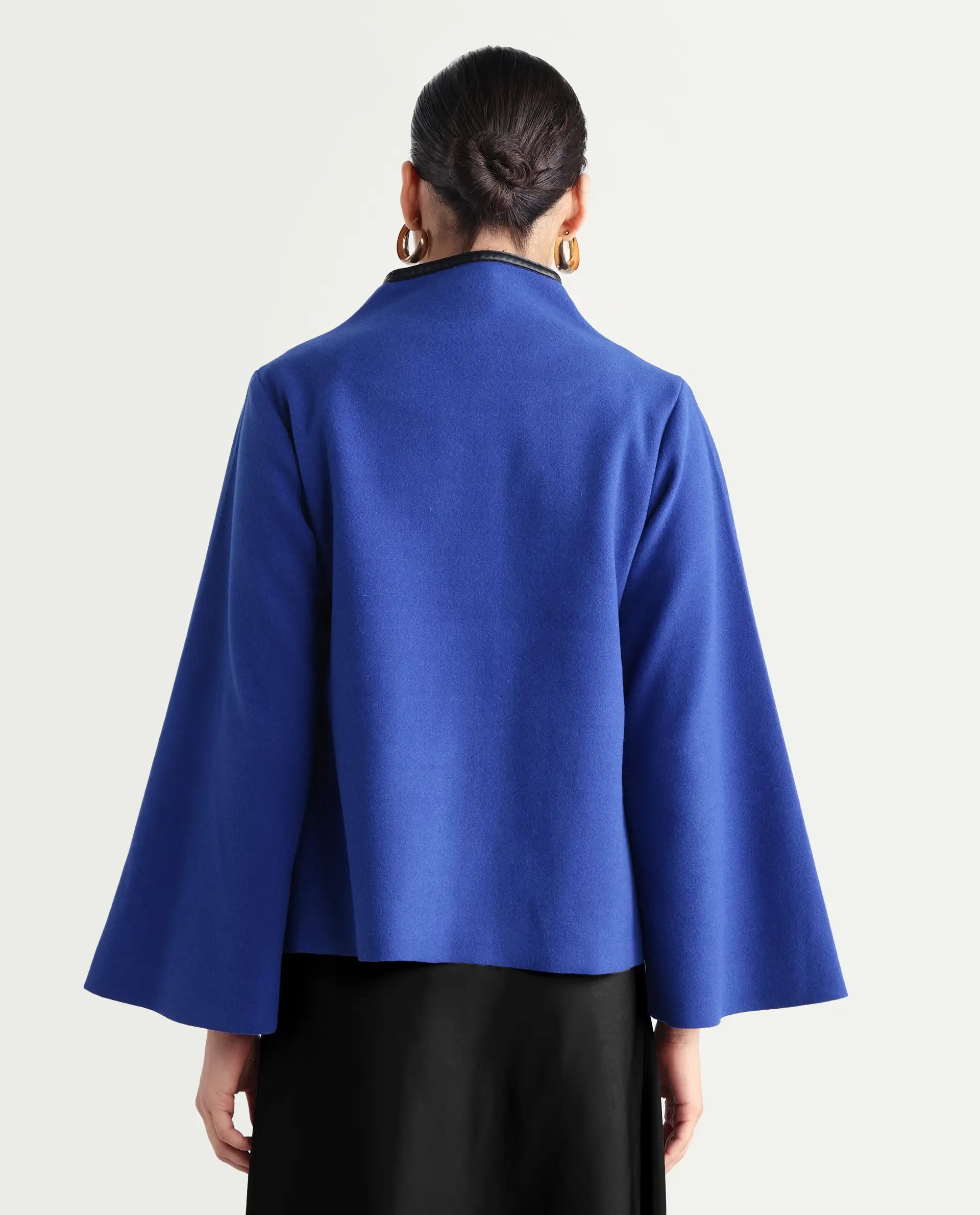 Rareism Women's Kraus Blue Polyester High Neck Plain Bell Sleeve Regular Fit Jacket
