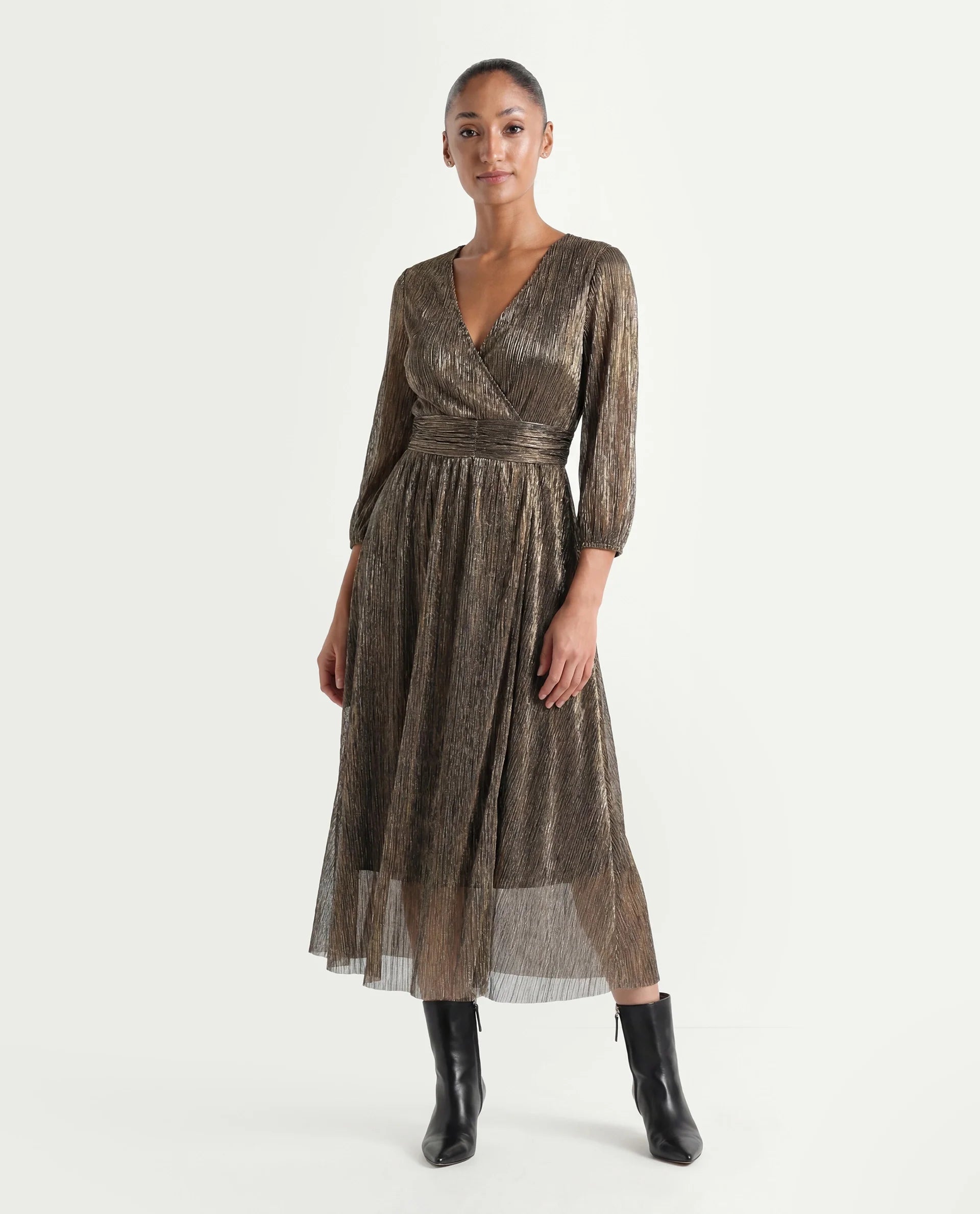 Rareism Women's Daso Metalic Gold Polyester Overlap Neck Shimmer Balloon Sleeve Midi Fit And Flare Dress