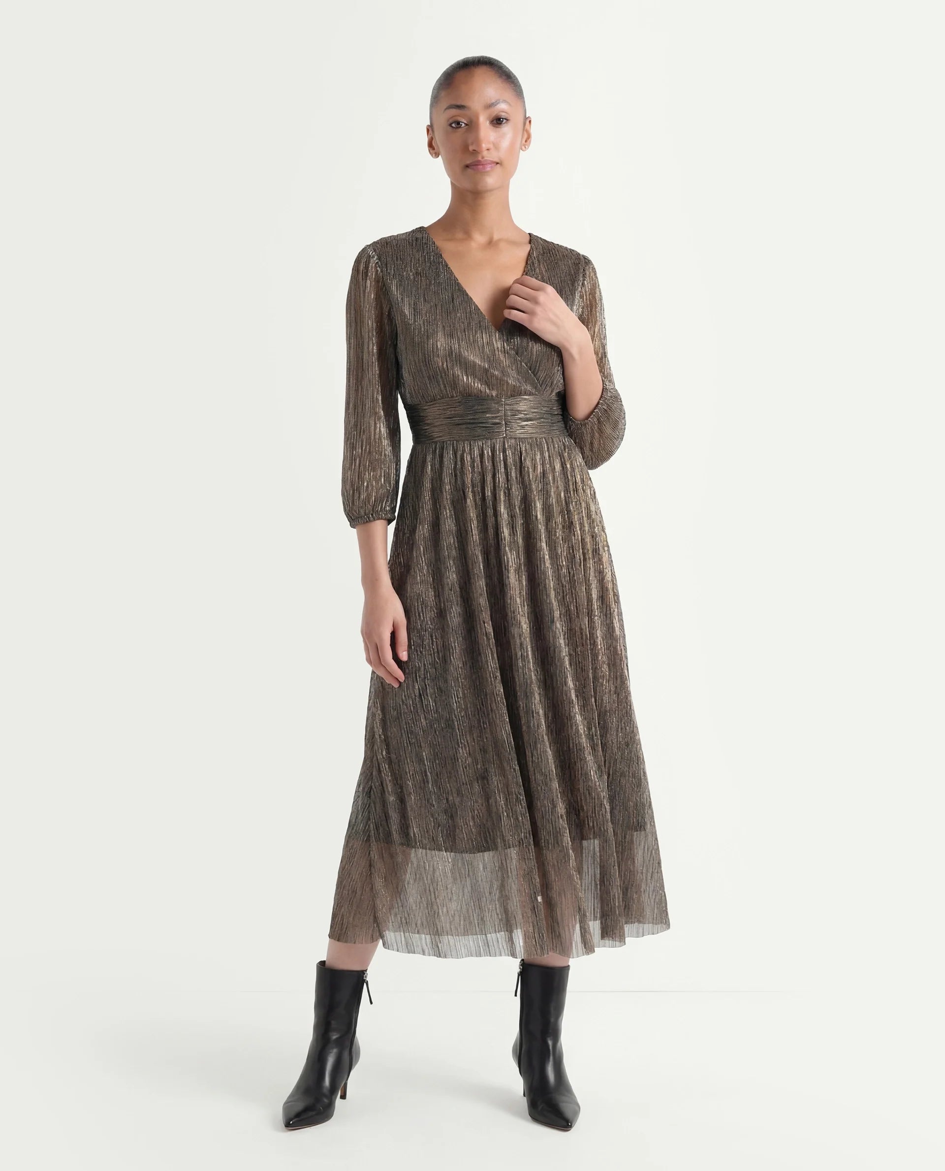 Rareism Women's Daso Metalic Gold Polyester Overlap Neck Shimmer Balloon Sleeve Midi Fit And Flare Dress