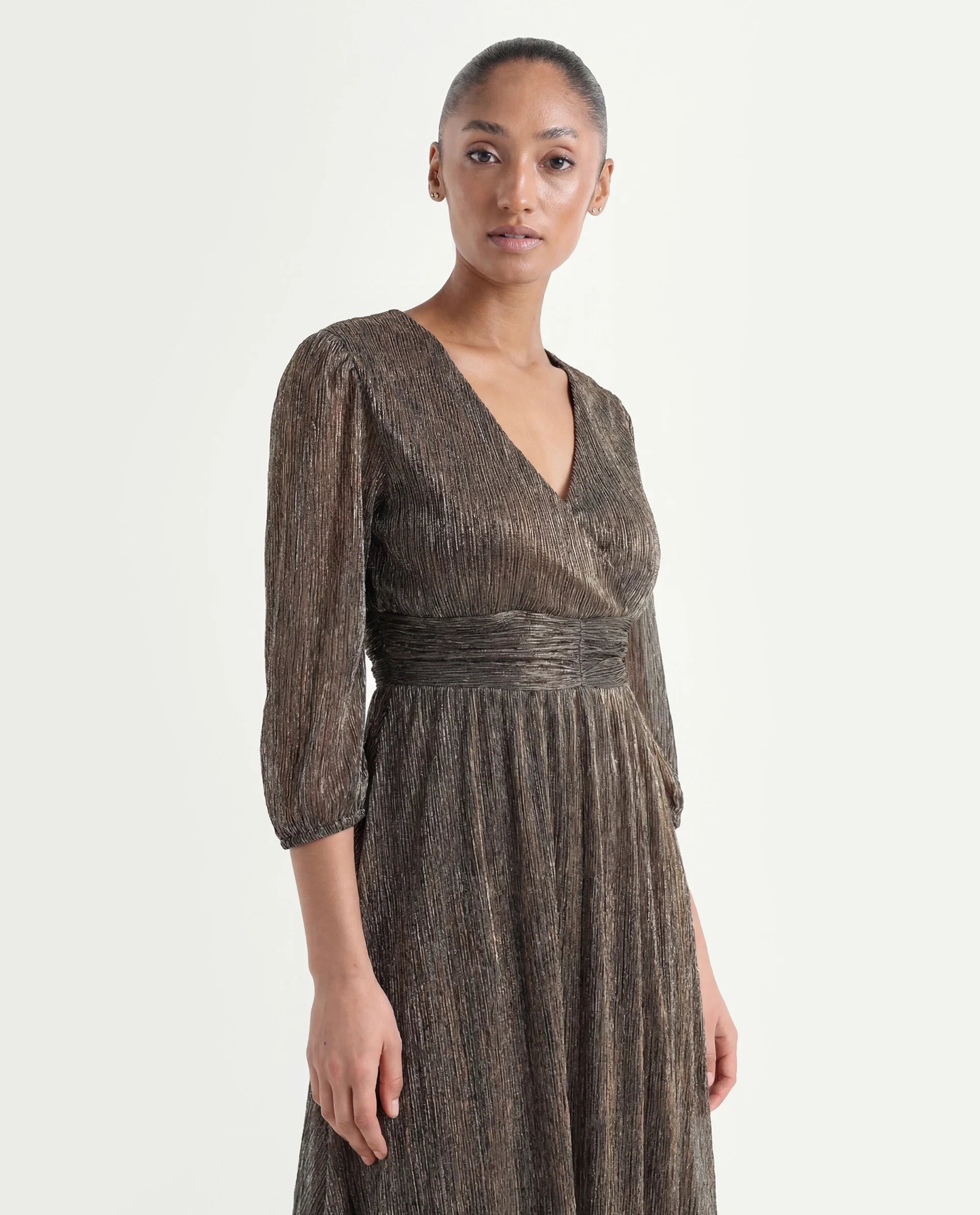 Rareism Women's Daso Metalic Gold Polyester Overlap Neck Shimmer Balloon Sleeve Midi Fit And Flare Dress