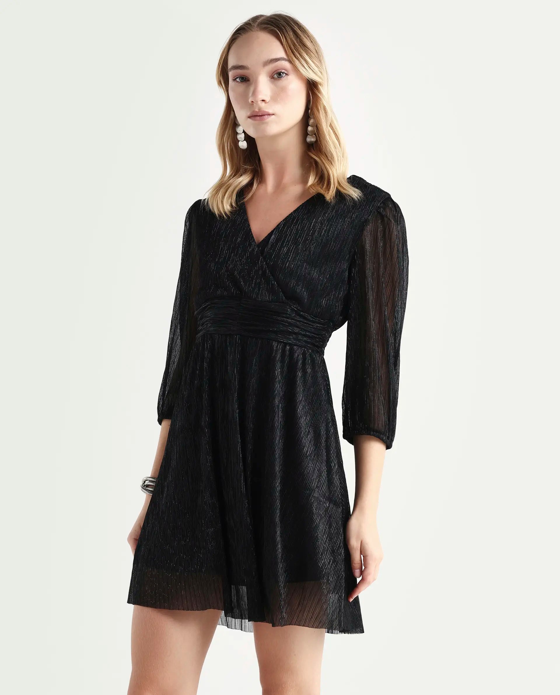 Rareism Women's Ravin Metalic Black Polyester Collarless Floral Print Balloon Sleeve Mini Fit And Flare Dress