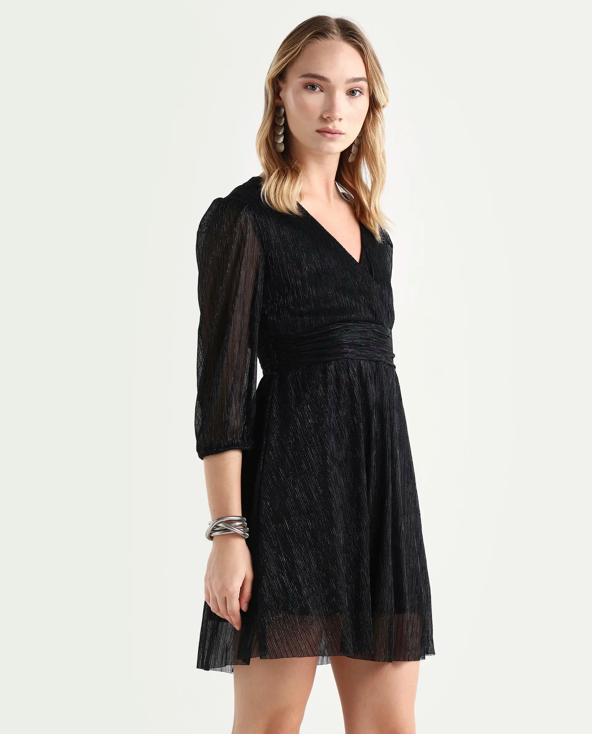 Rareism Women's Ravin Metalic Black Polyester Collarless Floral Print Balloon Sleeve Mini Fit And Flare Dress