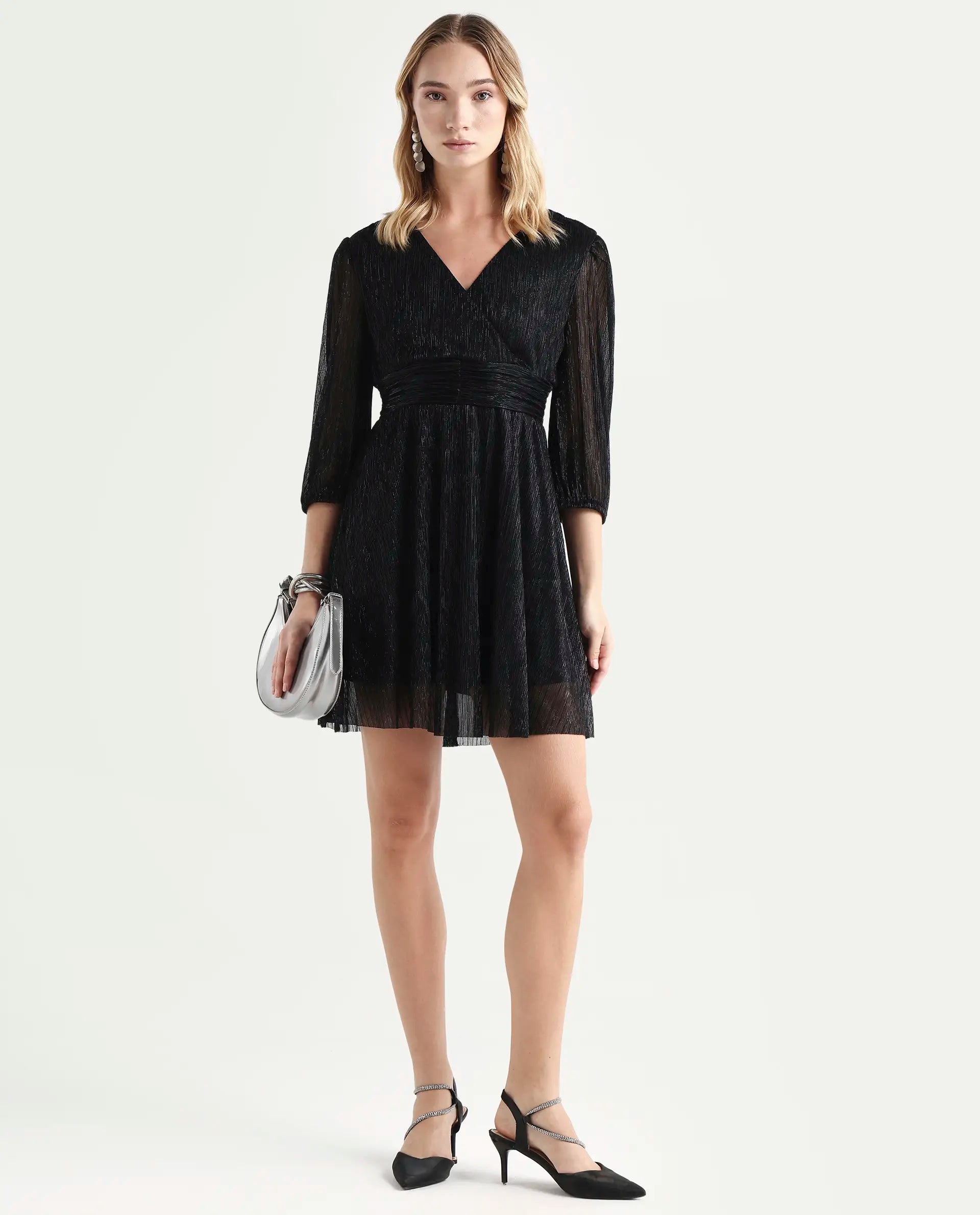 Rareism Women's Ravin Metalic Black Polyester Collarless Floral Print Balloon Sleeve Mini Fit And Flare Dress