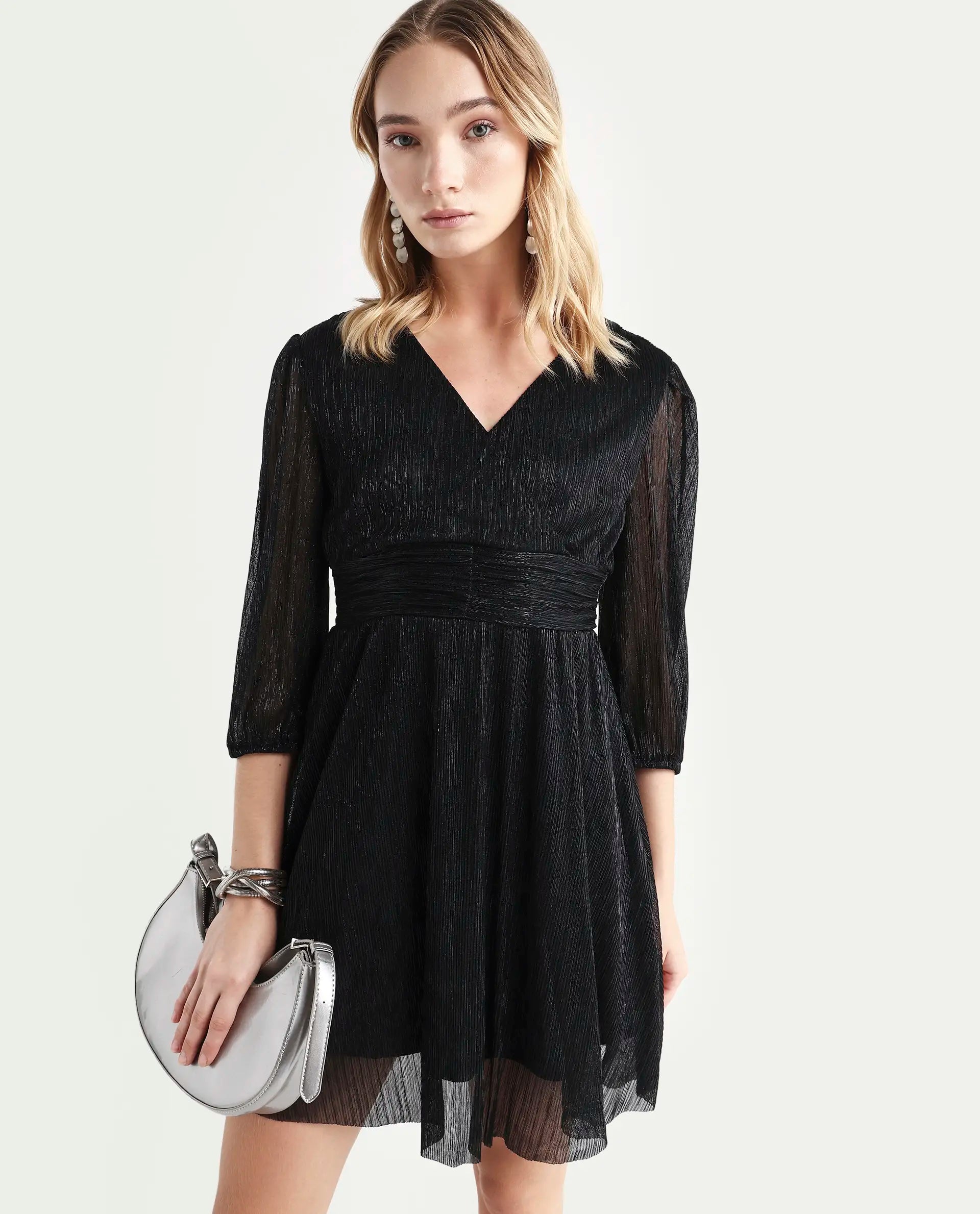 Rareism Women's Ravin Metalic Black Polyester Collarless Floral Print Balloon Sleeve Mini Fit And Flare Dress