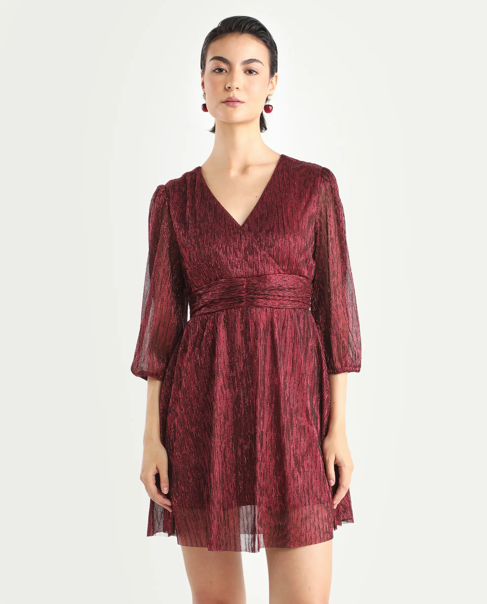 Rareism Women's Ravin Metalic Red Polyester Collarless Floral Print Balloon Sleeve Mini Fit And Flare Dress