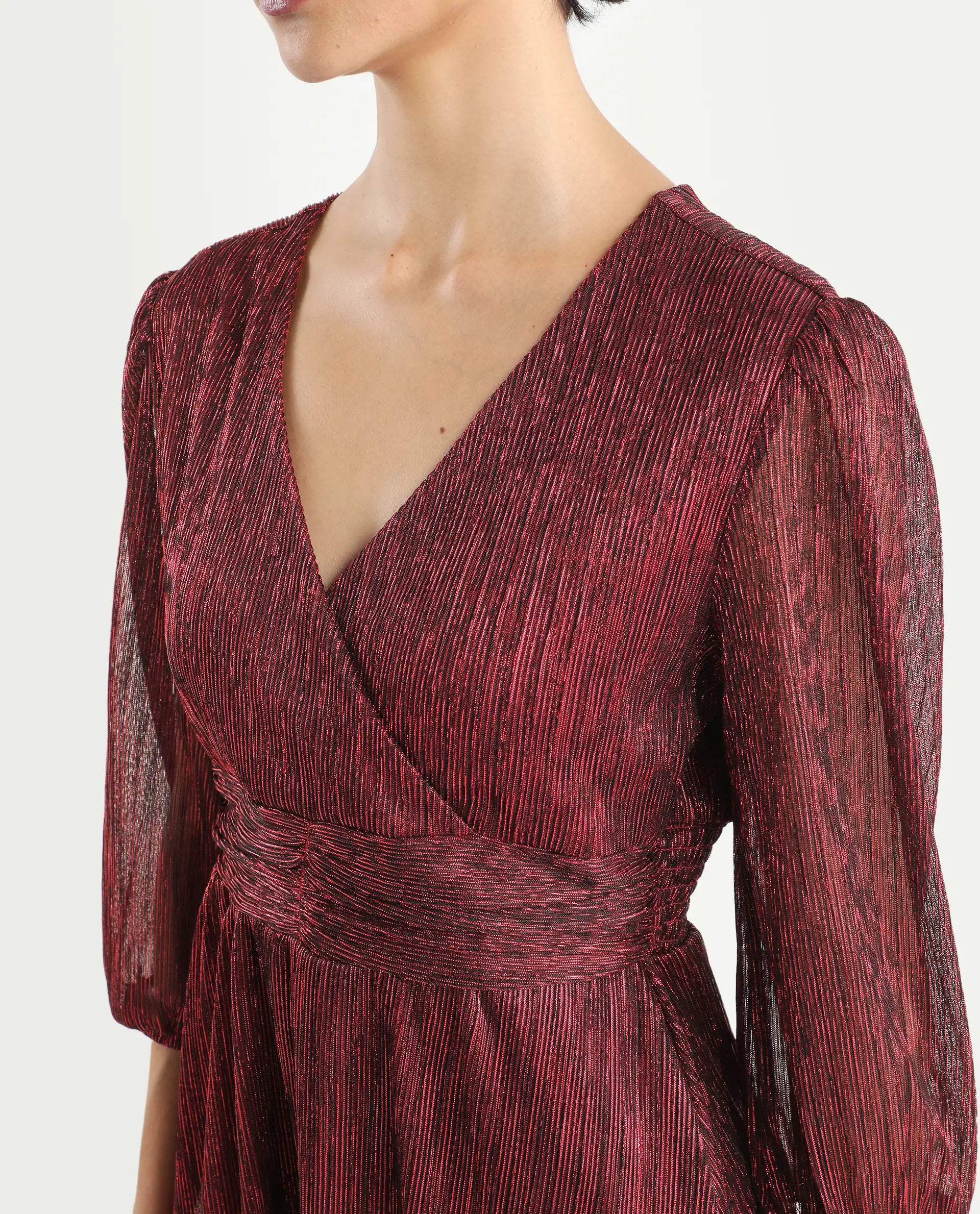 Rareism Women's Ravin Metalic Red Polyester Collarless Floral Print Balloon Sleeve Mini Fit And Flare Dress