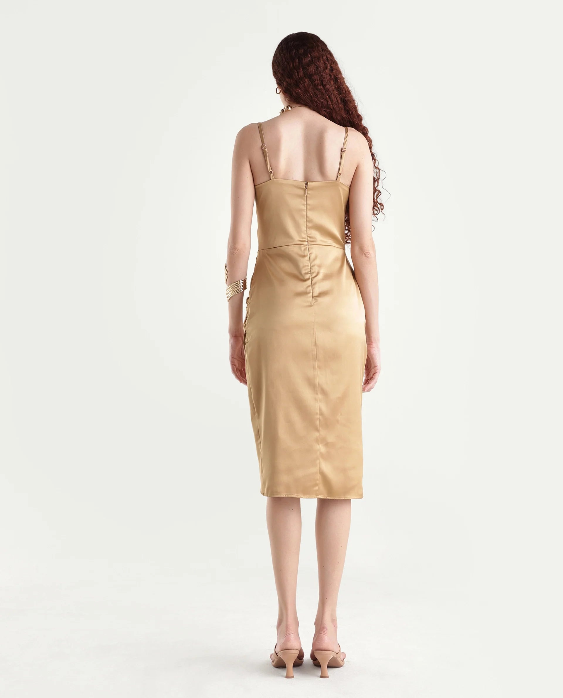 Rareism Women's Rilu Sheen Gold Polyester Blend Cowl Neck Plain Shoulder Strap Knee Length Regular Fit Dress