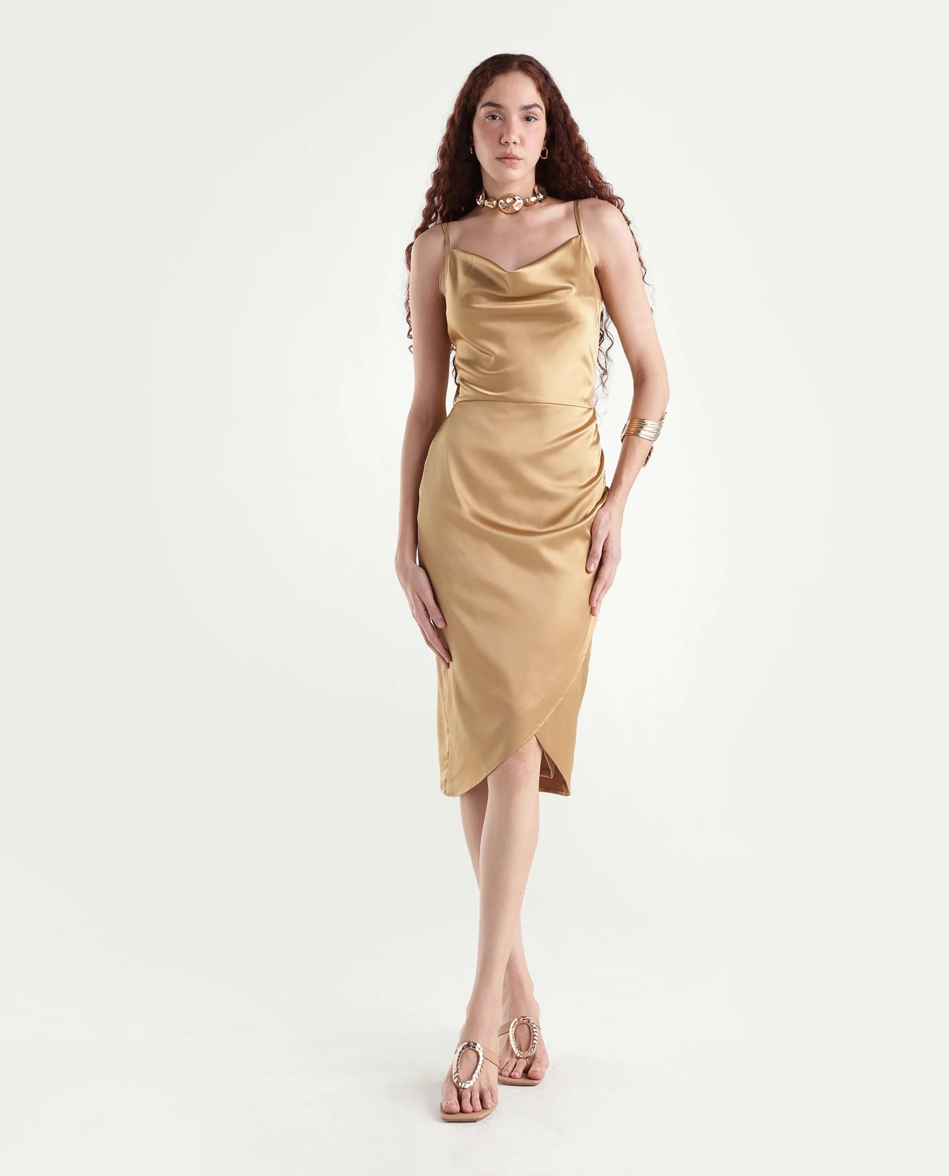 Rareism Women's Rilu Sheen Gold Polyester Blend Cowl Neck Plain Shoulder Strap Knee Length Regular Fit Dress