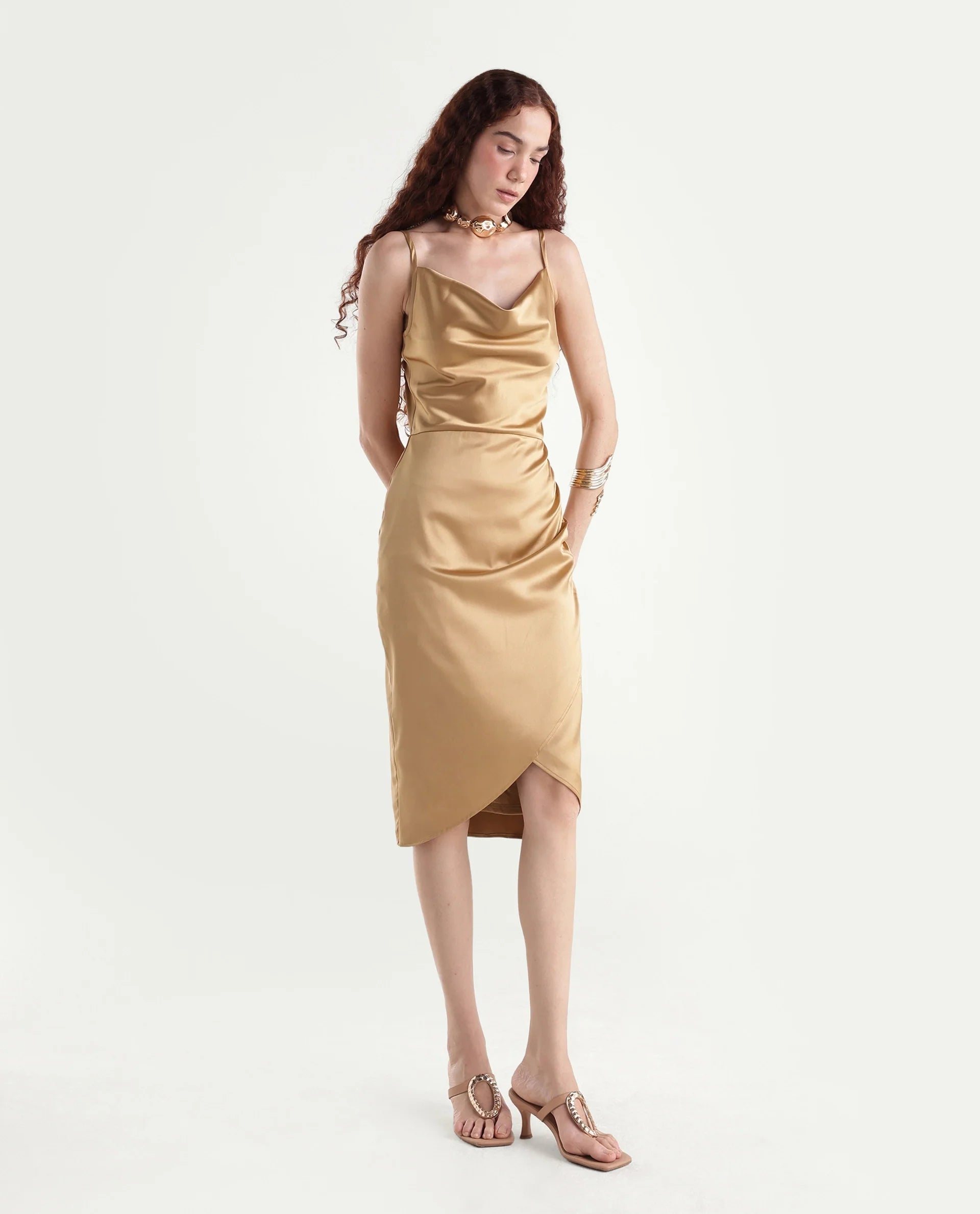 Rareism Women's Rilu Sheen Gold Polyester Blend Cowl Neck Plain Shoulder Strap Knee Length Regular Fit Dress