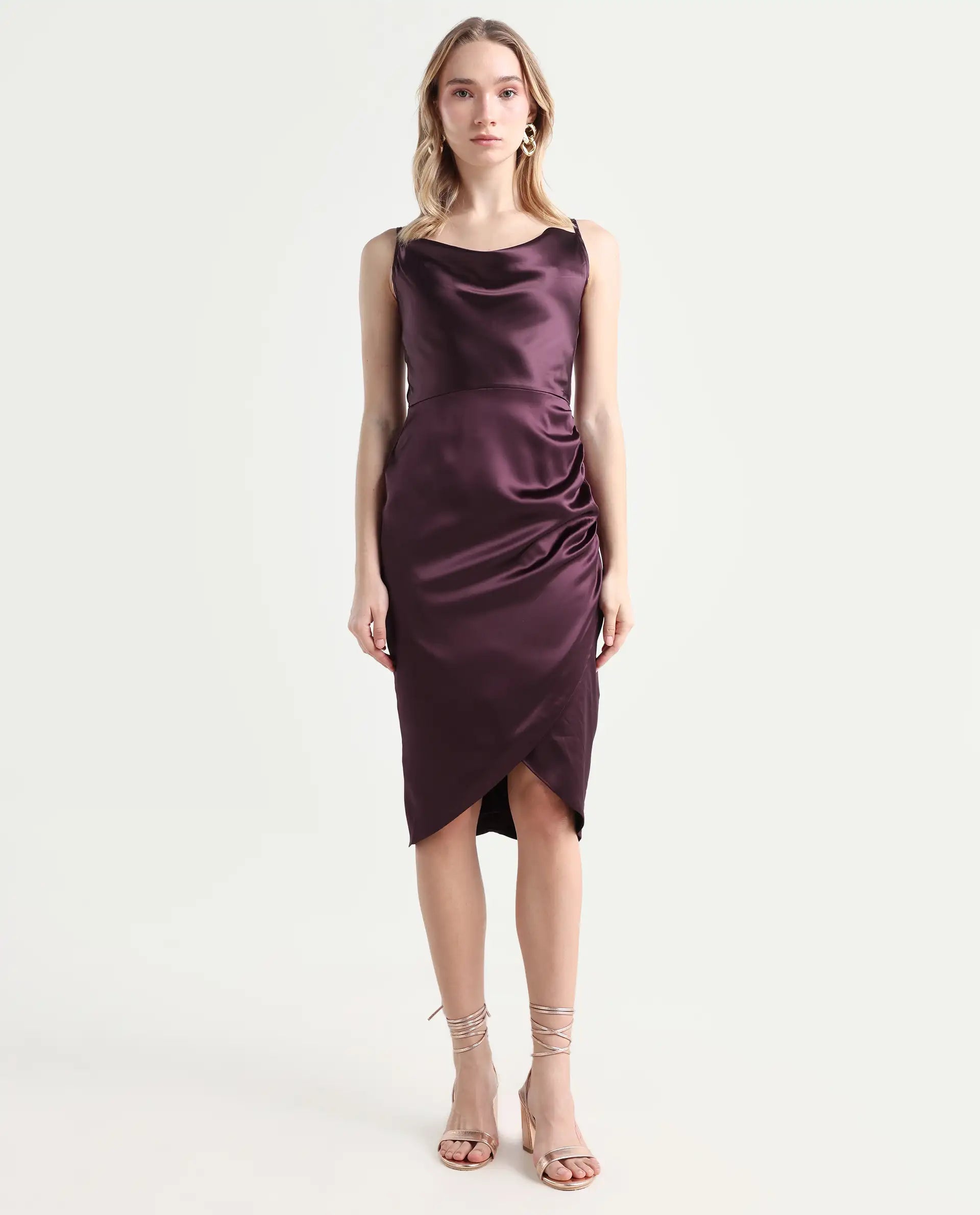 Rareism Women's Rilu Sheen Maroon Polyester Blend Cowl Neck Plain Shoulder Strap Knee Length Regular Fit Dress