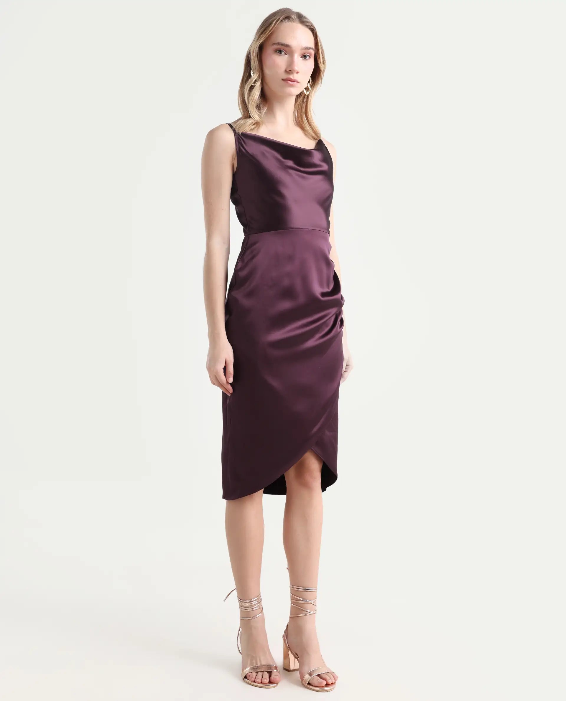Rareism Women's Rilu Sheen Maroon Polyester Blend Cowl Neck Plain Shoulder Strap Knee Length Regular Fit Dress