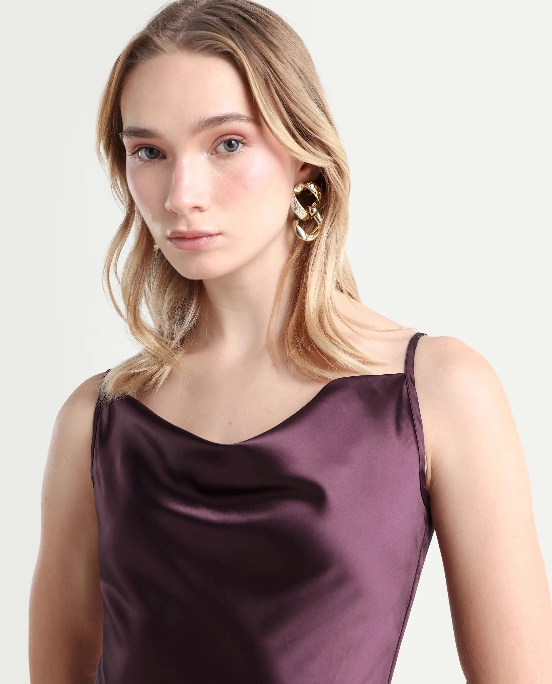 Rareism Women's Rilu Sheen Maroon Polyester Blend Cowl Neck Plain Shoulder Strap Knee Length Regular Fit Dress