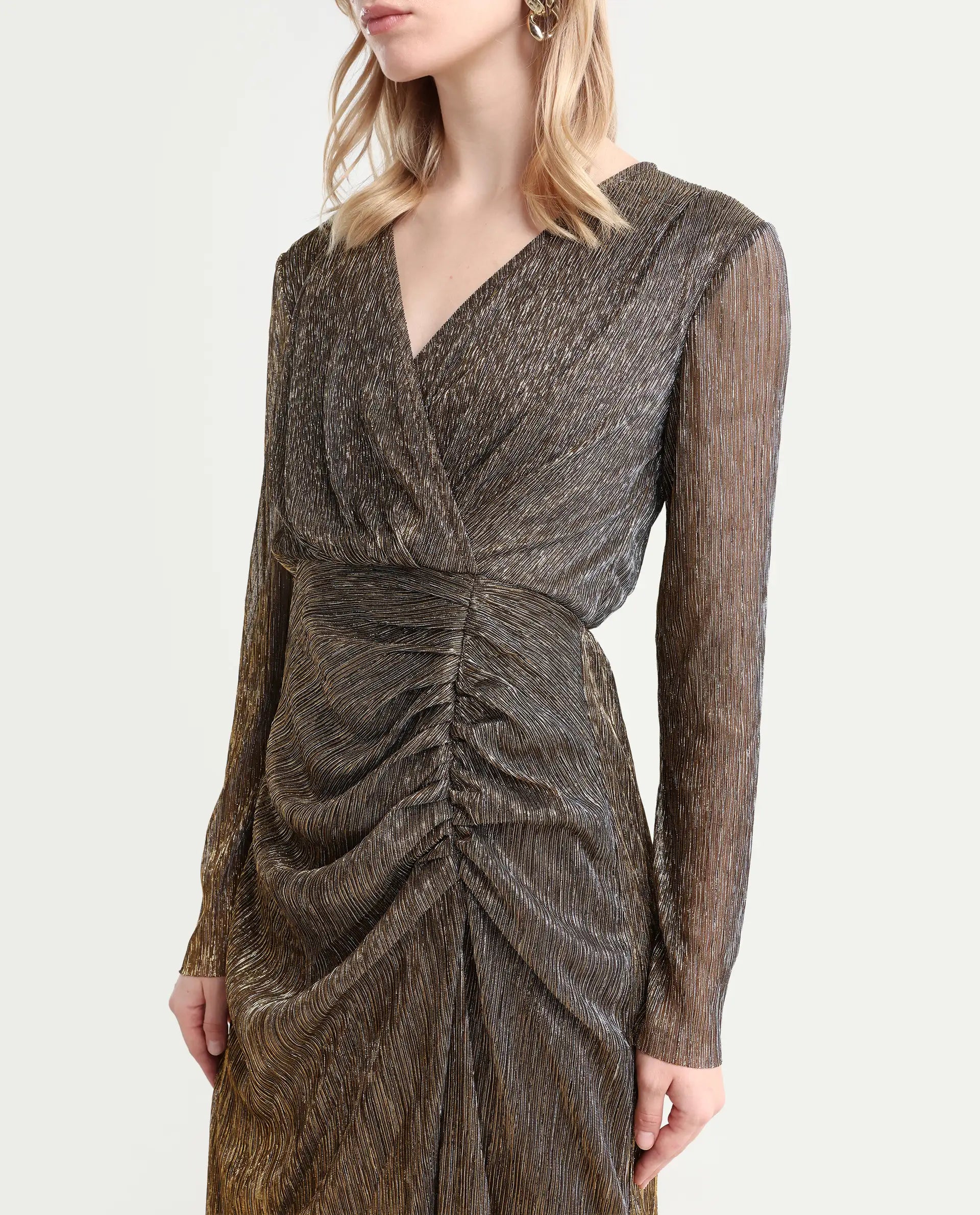 Rareism Women's Siga Metalic Gold Polyester Blend Collarless Shimmer Maxi Regular Fit Dress