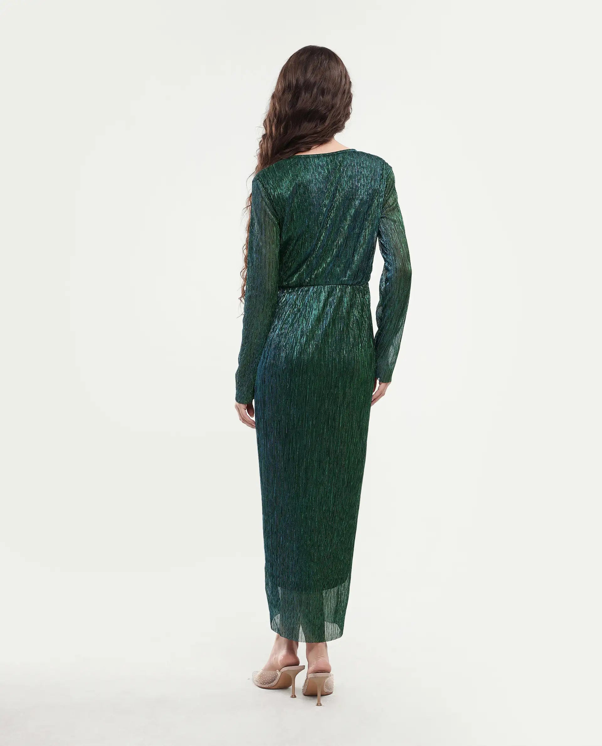 Rareism Women's Siga Metalic Green Polyester Blend V-Neck Shimmer Maxi Dress
