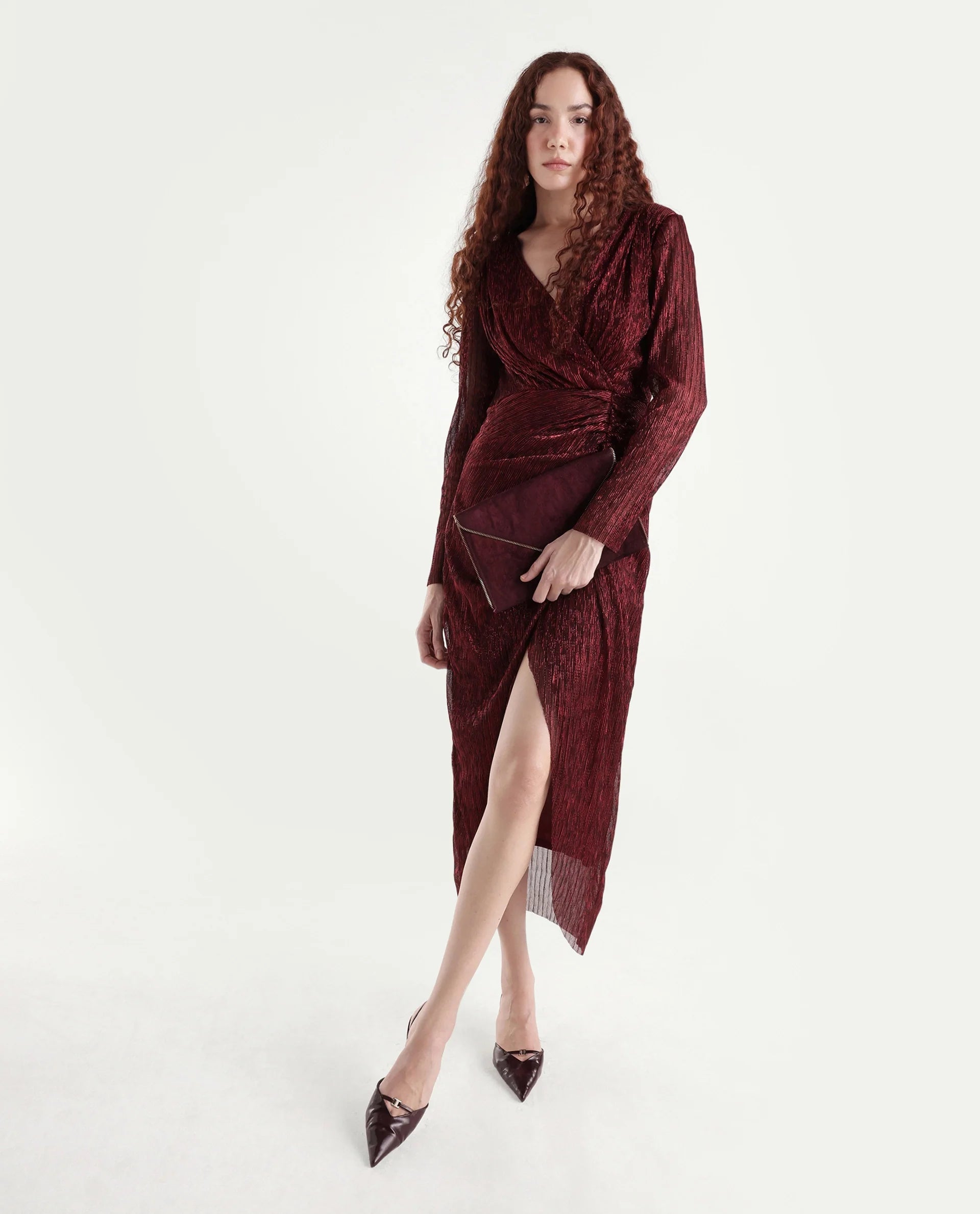 Rareism Women's Siga Metalic Red Polyester Blend Collarless Shimmer Maxi Regular Fit Dress