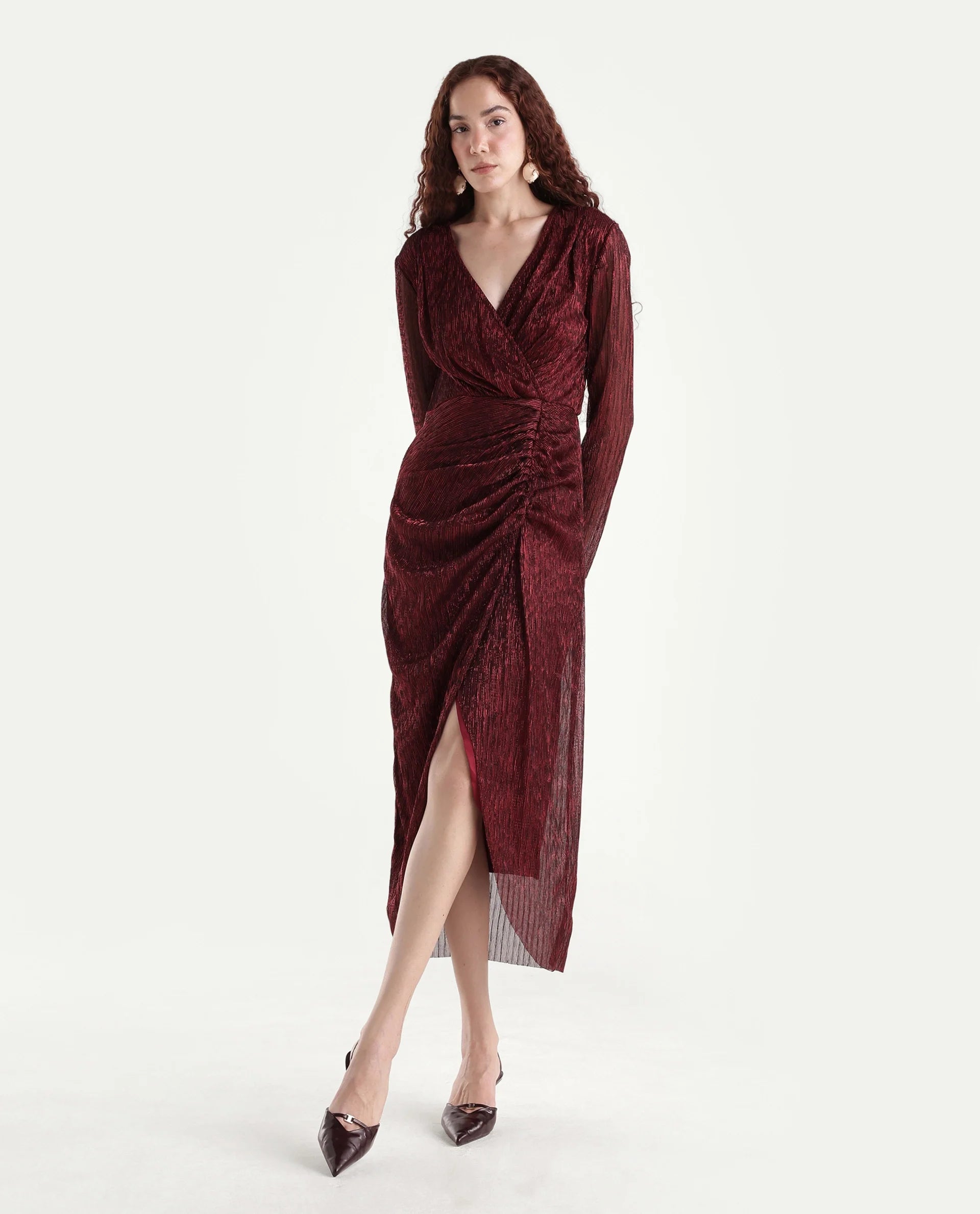 Rareism Women's Siga Metalic Red Polyester Blend Collarless Shimmer Maxi Regular Fit Dress