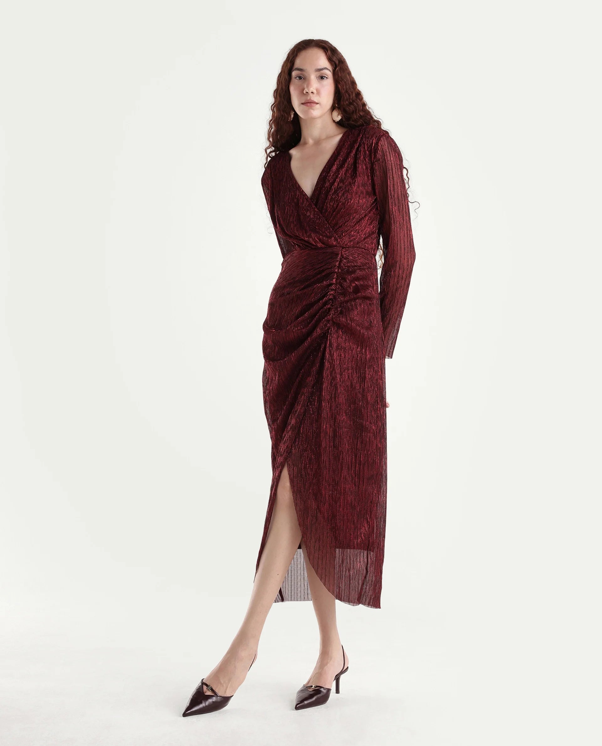 Rareism Women's Siga Metalic Red Polyester Blend Collarless Shimmer Maxi Regular Fit Dress