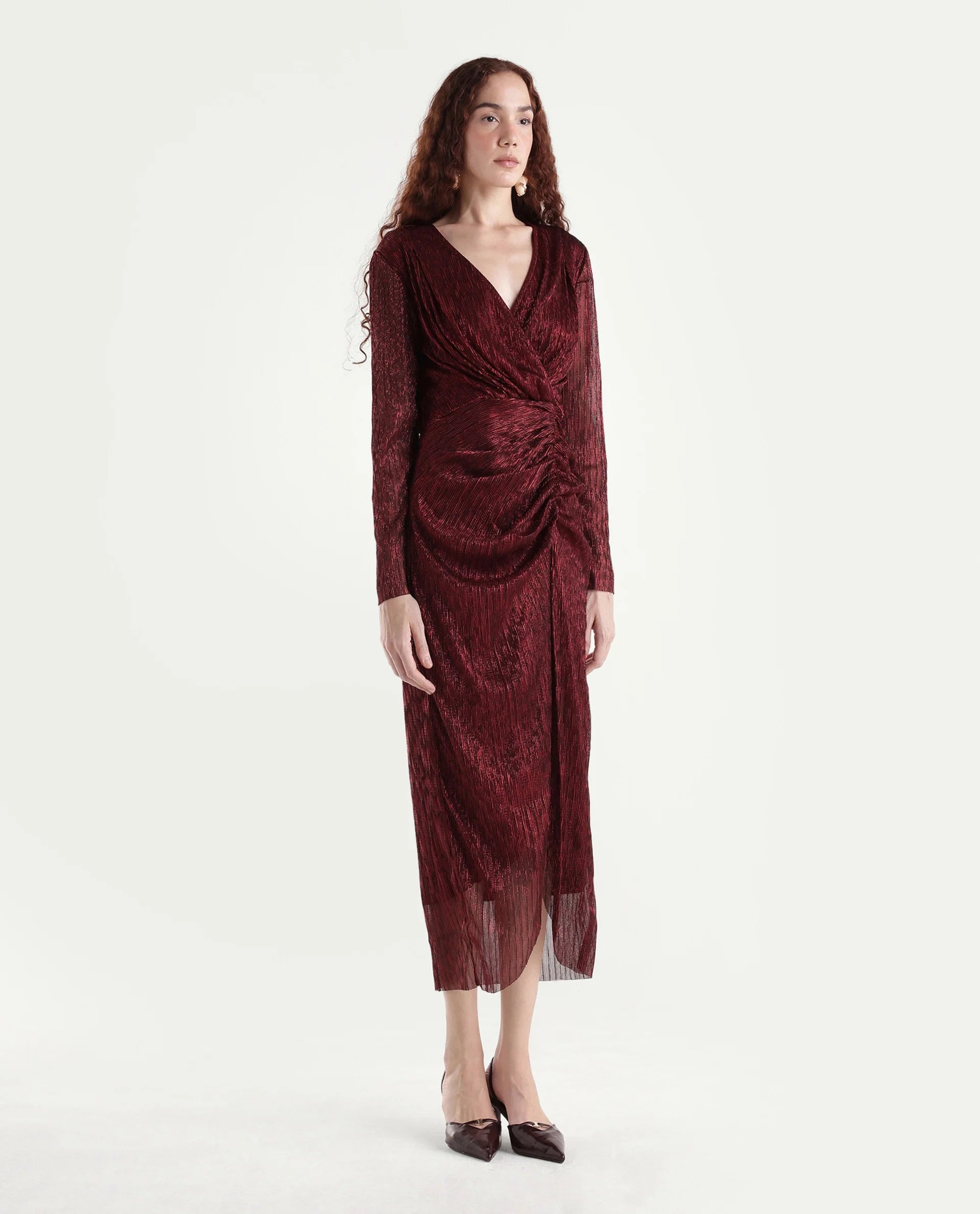 Rareism Women's Siga Metalic Red Polyester Blend Collarless Shimmer Maxi Regular Fit Dress