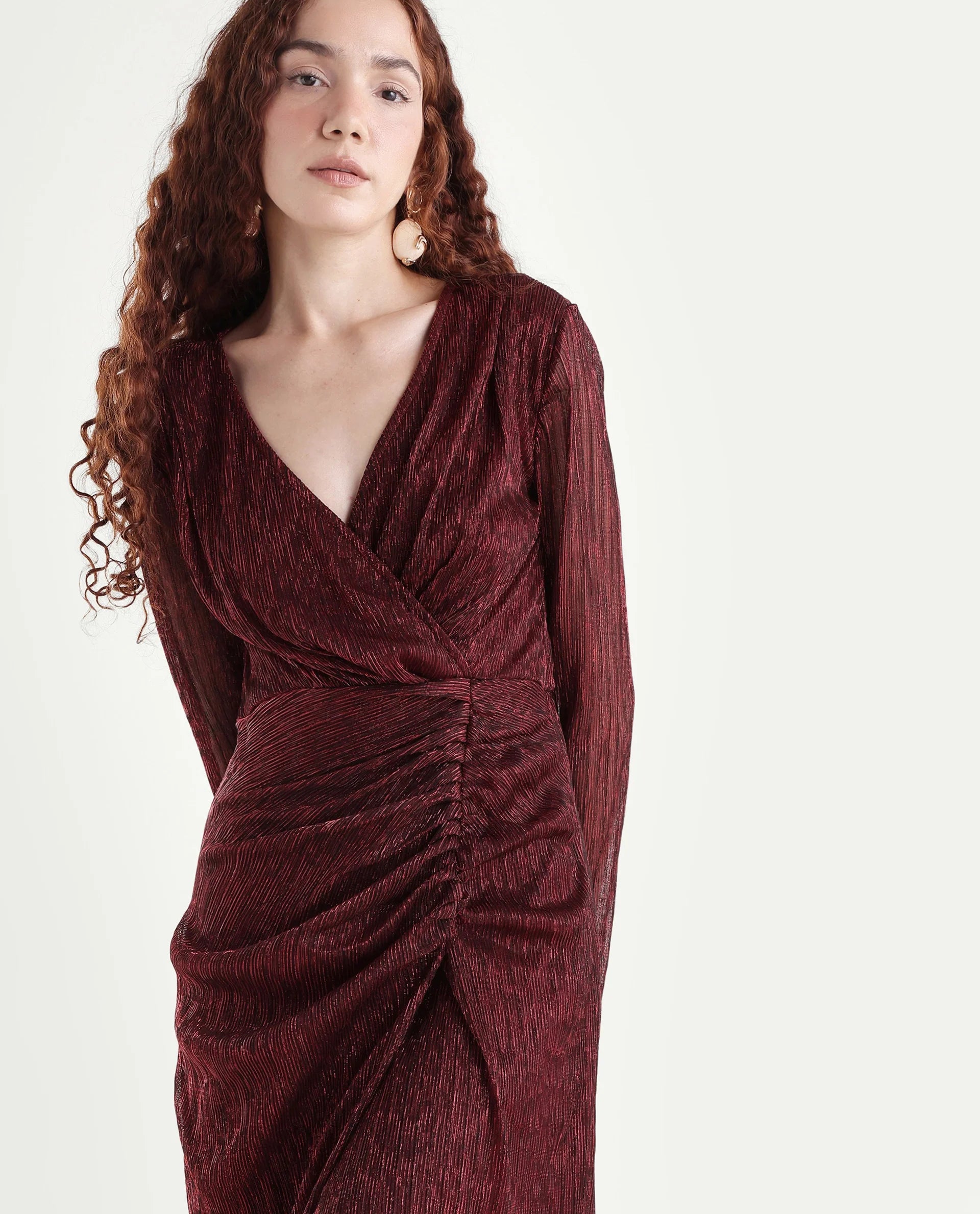Rareism Women's Siga Metalic Red Polyester Blend Collarless Shimmer Maxi Regular Fit Dress